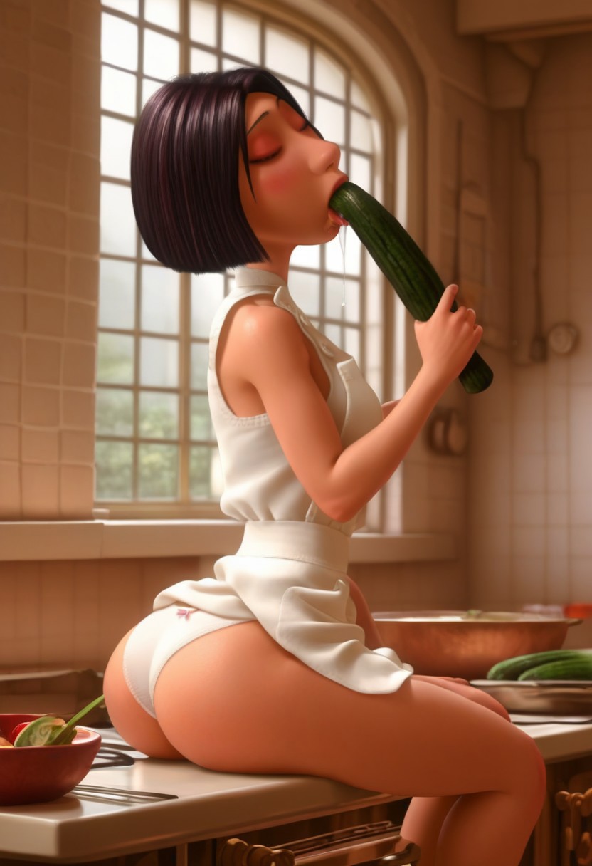 1girls 2025 ai_generated ass background blowjob bob_cut brown_hair chef civitai closed_eyes colette_tatou cucumber d3rmal disney enjoying female female_only indoors kitchen panties pixar ratatouille restaurant saliva short_hair sitting solo splits sucking tagme vest wall window