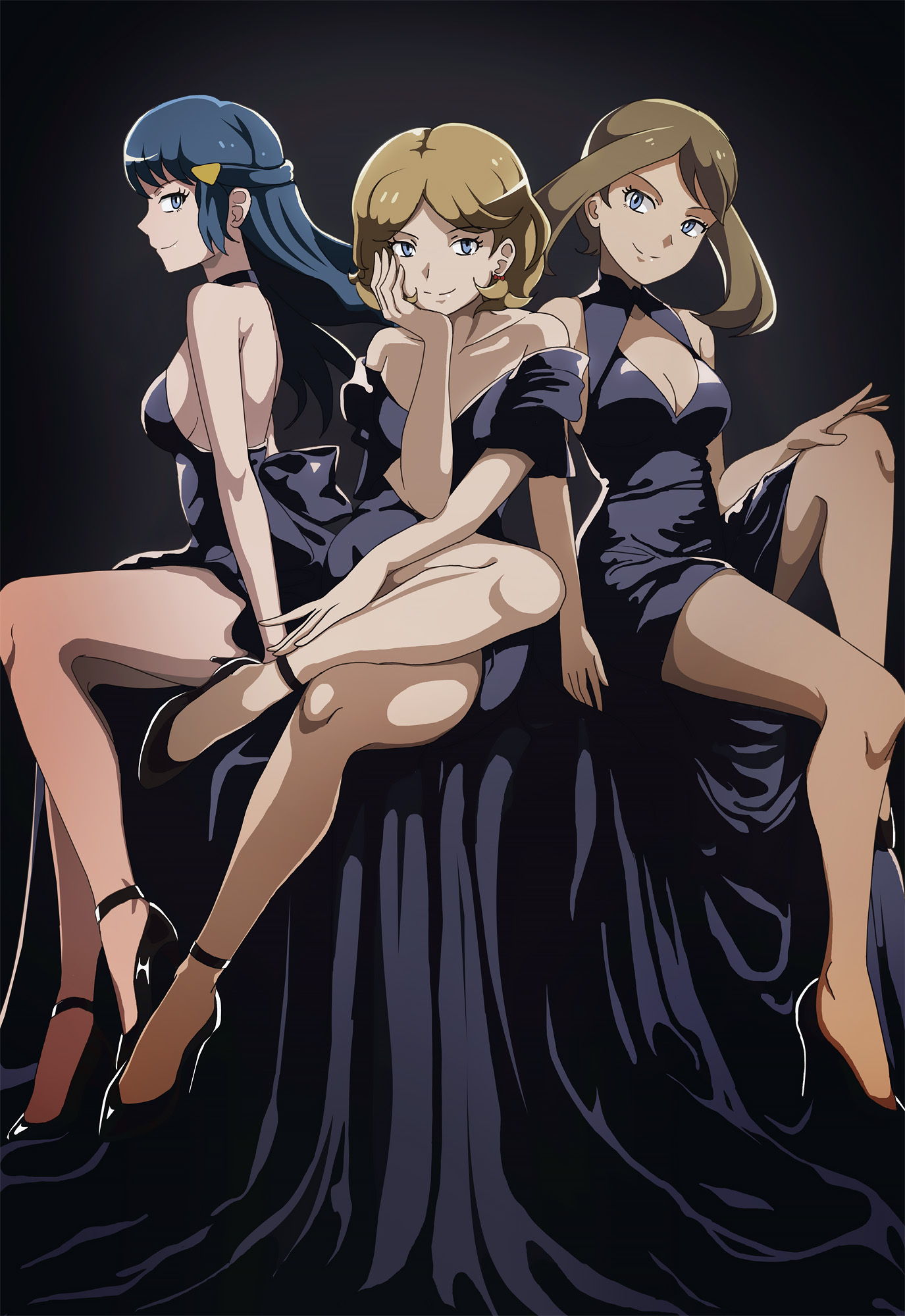 3girls, backless dress, bare arms, bare legs, bare shoulders, bare thighs, big breasts, black dress, blue eyes, blue hair, breasts, brown hair, classy, classy female, cleavage, closed mouth, collarbone, dawn (pokemon), dress, elegant dress, fancy, fancy clothing, female, female only, grin, high heels, long hair, may (pokemon), medium hair, off shoulder, pokemon, serena (pokemon), short hair, short-haired female, sideboob, sitting, sleeveless dress, thighs, twintails, vivivoovoo, wealthy
