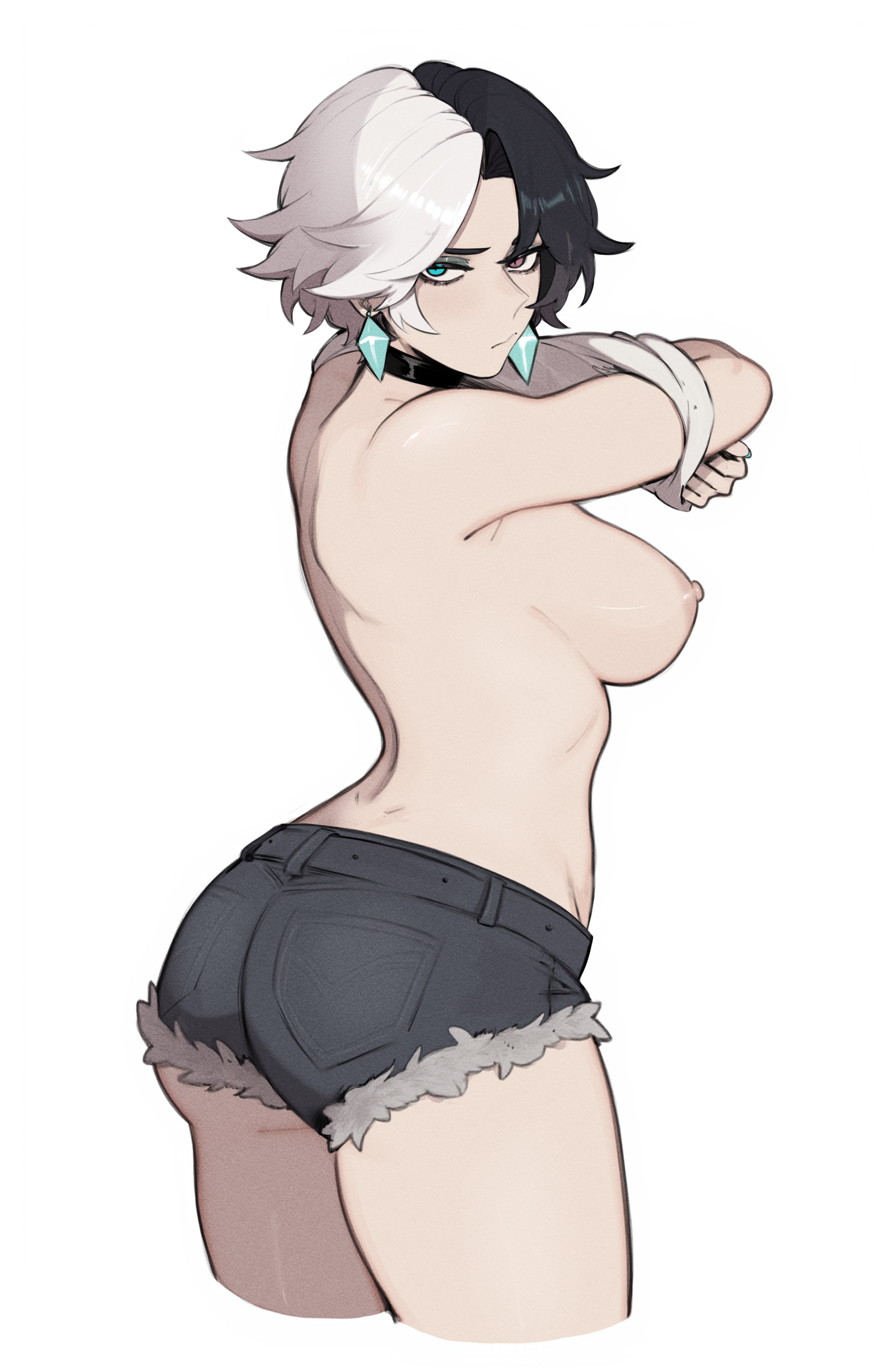 1girls, 2d, ass, ass focus, back, back view, black hair, boobs out, breasts, breasts out, dat butt, exposed, exposed breasts, exposed nipples, female, jean shorts, jeans, jeans only, luna snow, luna snow (marvel rivals), marvel, marvel comics, marvel rivals, masoq095, plump, plump ass, plump butt, removing clothing, removing shirt, revealing breasts, round ass, round butt, seducing, seduction, seductive, seductive body, seductive eyes, seductive female, seductive gaze, seductive look, seductive pose, shirt lift, shirt up, shorts, shorts only, solo female, taking clothes off, taking off shirt, thick, thick ass, thick butt, thick hips, tight clothes, tight clothing, tight pants, tits out, toned, toned arms, toned back, toned body, toned female, top lift, topless, two-tone hair, undressing, undressing self, video game, video game character, video games, white hair