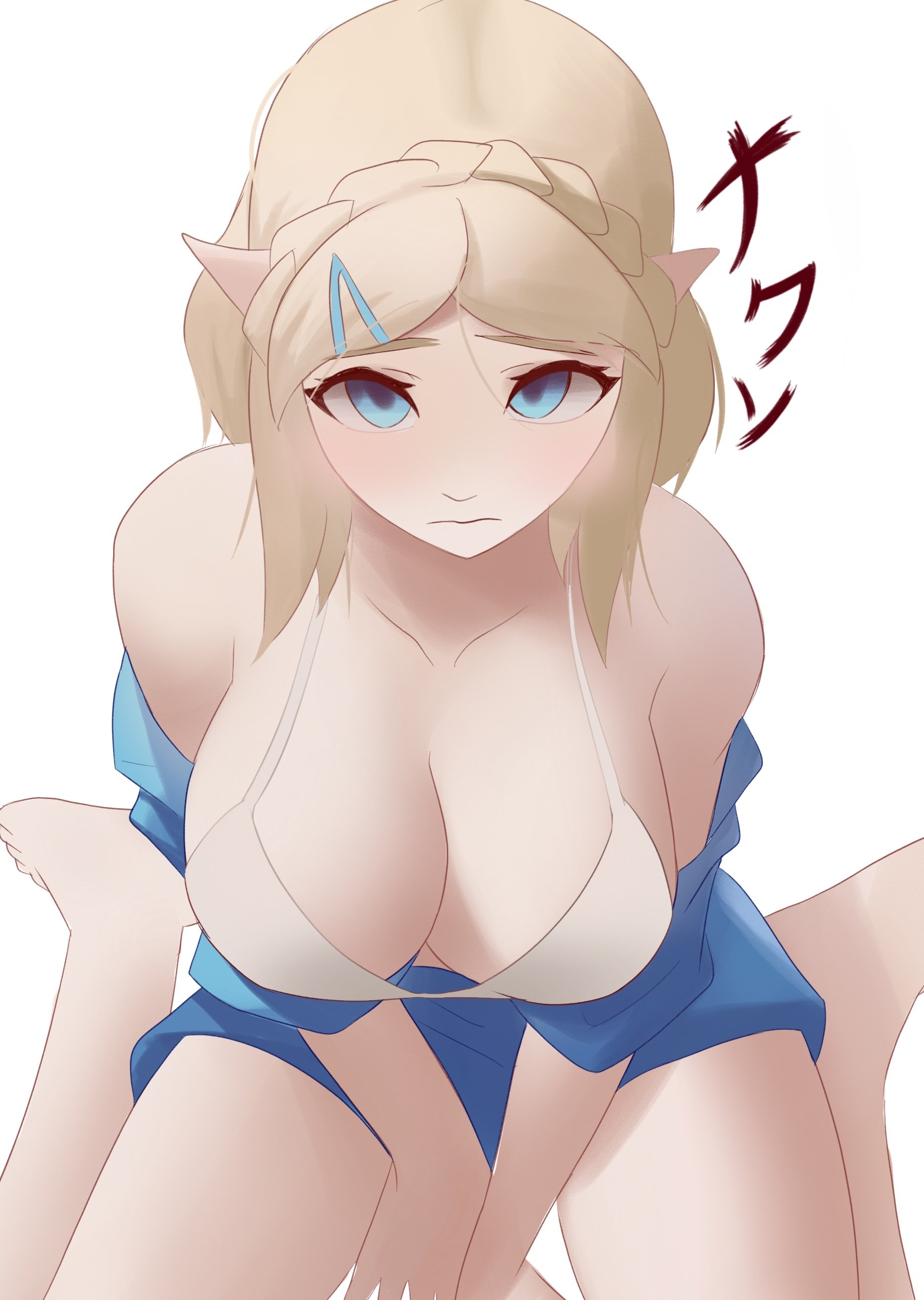 1girls, barefoot, blonde hair, blue eyes, blush, bra, breasts, breath of the wild, cleavage, female, hairclip, hand between legs, large breasts, looking at viewer, naxless, nintendo, pointy ears, princess zelda, seiza, short hair, simple background, solo, solo female, solo focus, the legend of zelda, translation request, white background, white bra, zelda (breath of the wild)