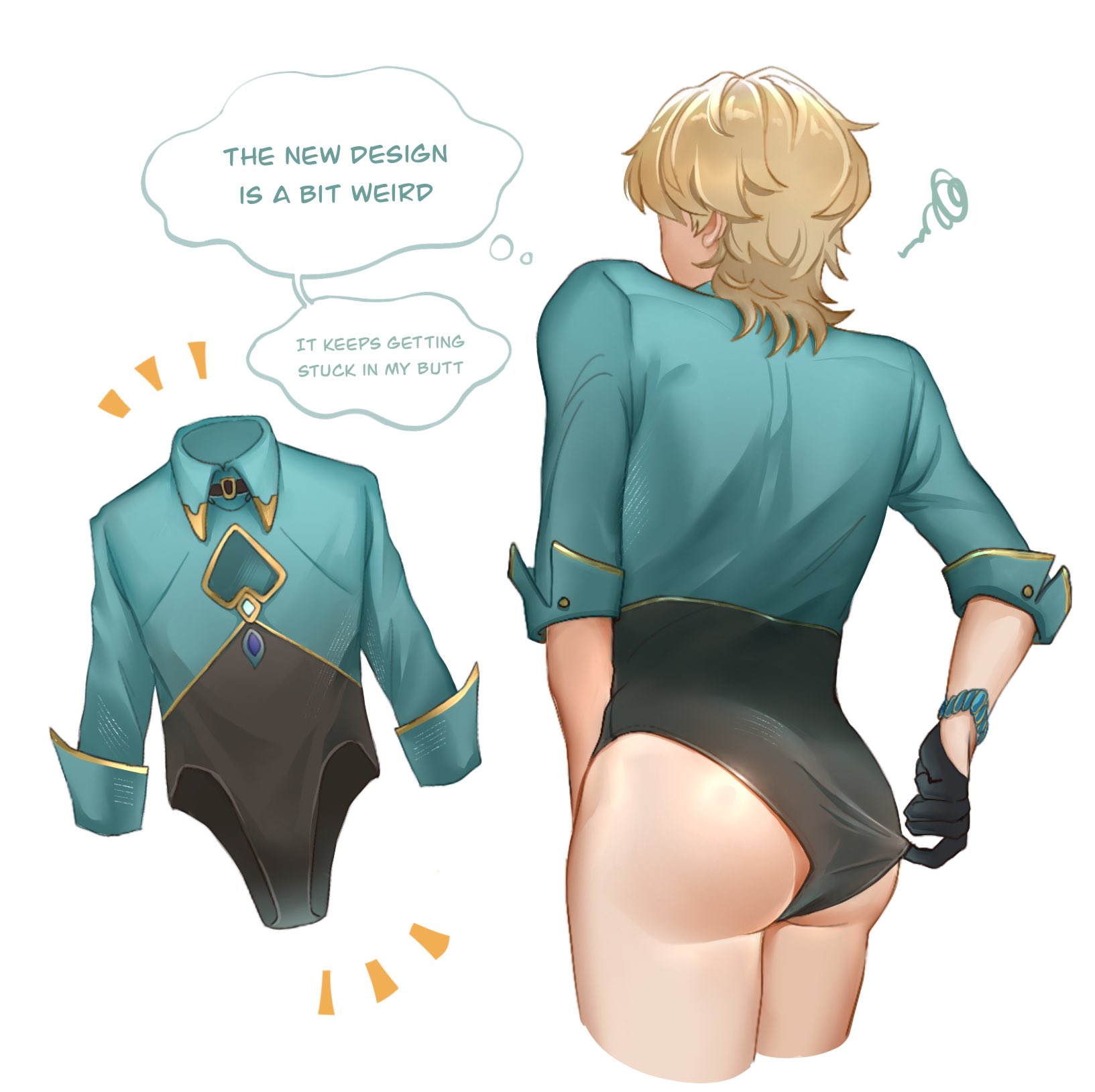 ass, ass focus, aventurine (honkai: star rail), blonde hair, bodysuit, butt focus, chest window, dr. ratio (honkai: star rail), honkai: star rail, male, male only, purrana, purrana ks, tight clothes, tight clothing, tight fit