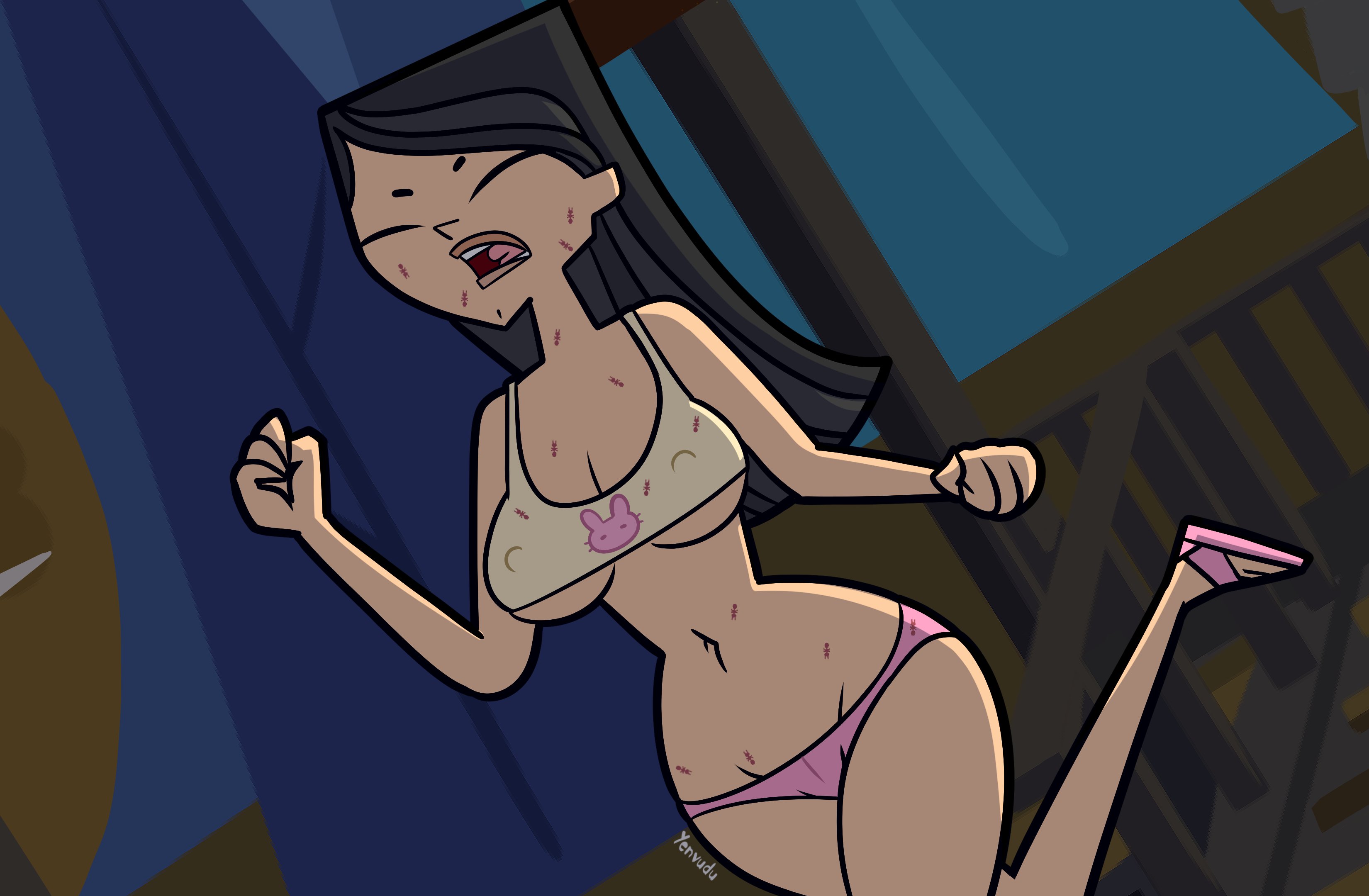 2d, bare midriff, big breasts, black hair, breasts, busty, crop top, erect nipples, female, heather (tdi), hourglass figure, long hair, nipple bulge, panties, skimpy, skimpy clothes, tagme, total drama island, wide hips, yenvudu