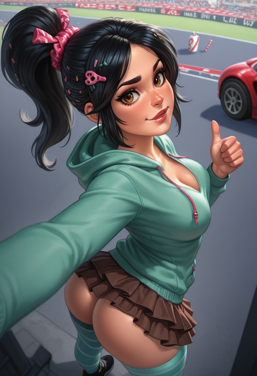 ai generated, ass, ass cheeks, ass focus, breasts, candy, cleavage, disney, fat ass, female, looking at viewer, looking back, race car, selfie, short skirt, skirt, thick thighs, thumbs up, troythekid, vanellope von schweetz, wreck-it ralph