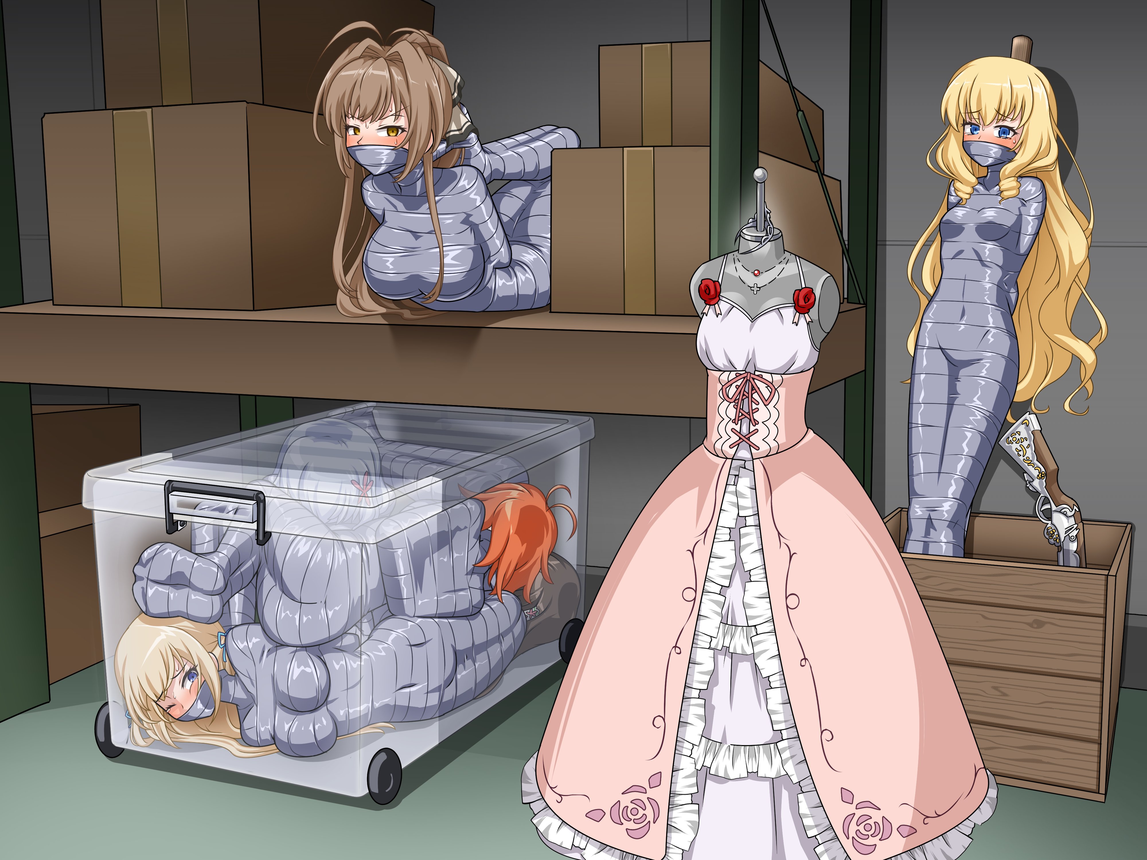 6girls, amagi brilliant park, blonde hair, bondage, bound, box, brown hair, crying, crying with eyes open, female, female only, femsub, gag, gag bondage, gagged, gagged female, girl in a box, gun, hogtie, in container, koborii (amaburi), latifa fleuranza, multiple females, multiple girls, multiple subs, mummification, mummification (bound), mummified, mummy wrappings, muse (amaburi), princess, red hair, salama (amaburi), seal, sento isuzu, silver tape, stashed away, storage, storage room, sylphy (amaburi), tape, tape bondage, tape gag, taped hands, taped legs, taped mouth, thalter39o