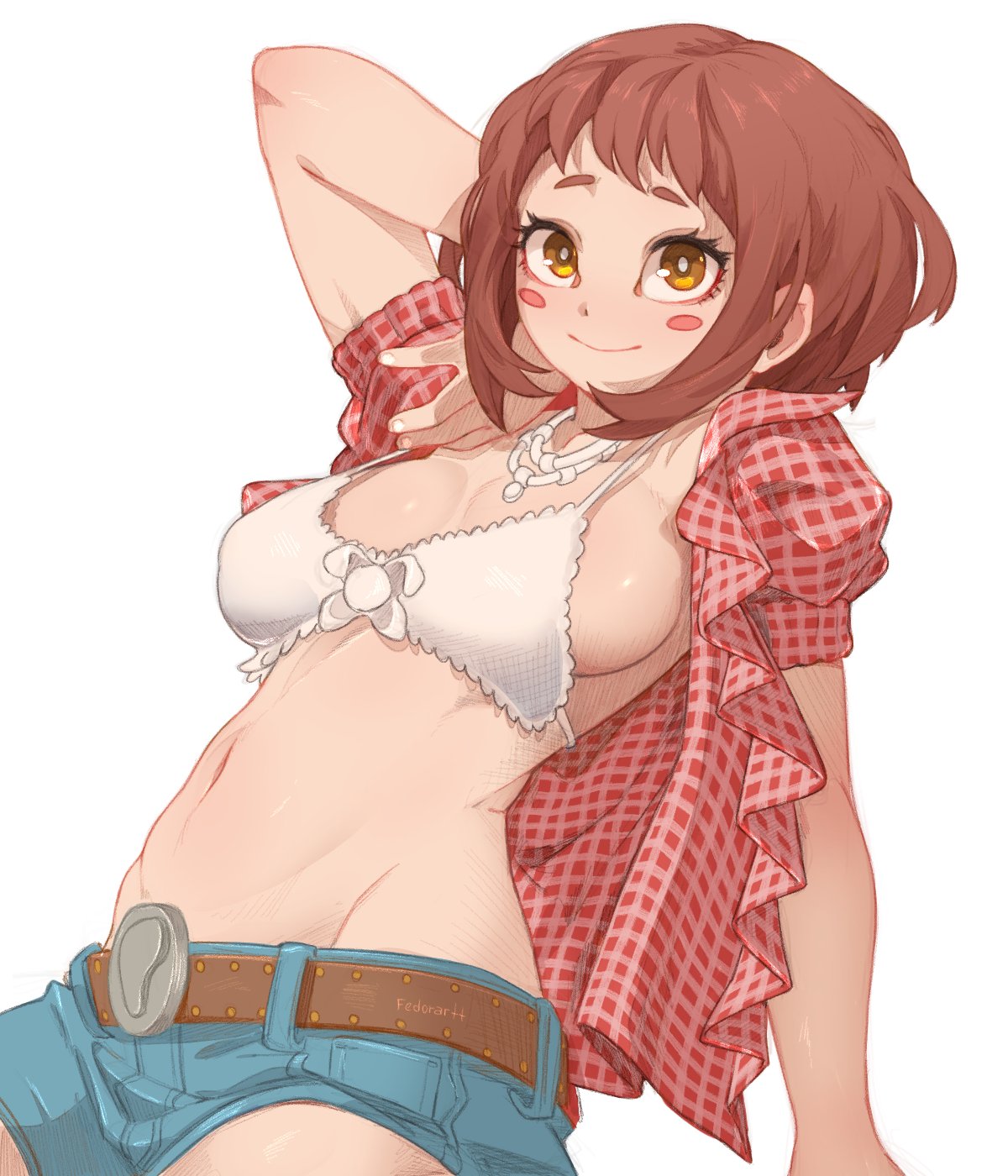 1girls, big breasts, big thighs, big titties, blush stickers, bra, breasts, brown hair, brown-haired female, curvaceous, curvaceous female, curvaceous figure, curvy, curvy figure, curvy hips, fedorartt, female, female only, front view, jean shorts, kwon eun-bi (cosplay), light skin, light-skinned female, looking at viewer, my hero academia, ochako uraraka, one arm behind head, one hand behind head, open shirt, red shirt, short hair, shorts, smile, solo, underwear, uraraka ochako, white bra, yellow eyes
