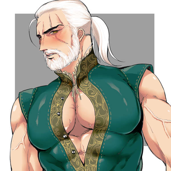 1boy beard blush cd_projekt_red facial_hair feminine_male geralt_of_rivia kiricloud looking_at_viewer male_only muscle pecs scar solo sweat the_witcher the_witcher_(series) the_witcher_2 the_witcher_3:_wild_hunt