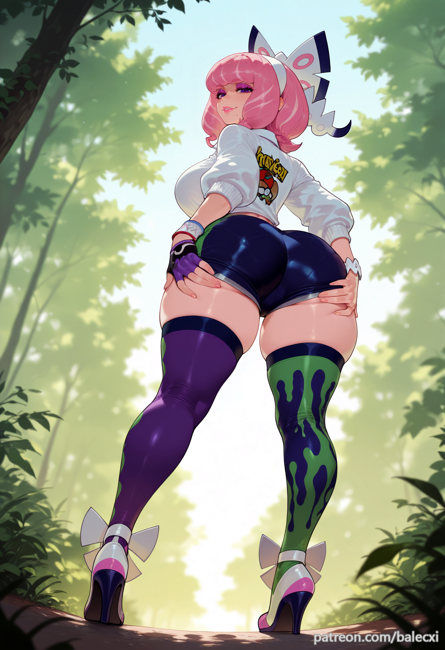 ai generated, ass, ass support, asymmetrical legwear, balecxi, bow, breasts, drill hair, female, from behind, gloves, hairband, high heels, klara (pokemon), large breasts, looking at viewer, looking back, makeup, mismatched legwear, mole, mole under mouth, outdoors, patreon username, pink eyeshadow, pink hair, pink lips, pokemon, pokemon ss, shorts, single glove, solo, standing, thick thighs, thighhighs, white jacket