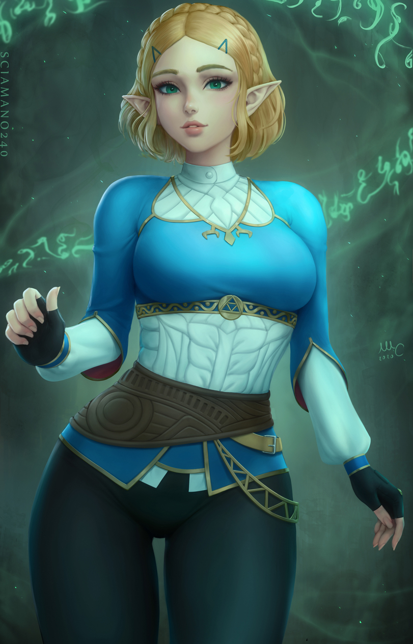 1girls, black leggings, black pants, blonde female, blonde hair, blue topwear, bob cut, breasts, cute, drawn, female, fingerless gloves, fully clothed, green eyes, highres, large breasts, looking at viewer, mirco cabbia, narrow waist, nintendo, princess zelda, sciamano240, short hair, slim waist, smiling, smiling at viewer, source request, tears of the kingdom, the legend of zelda, thick thighs, wide hips, zelda (tears of the kingdom)