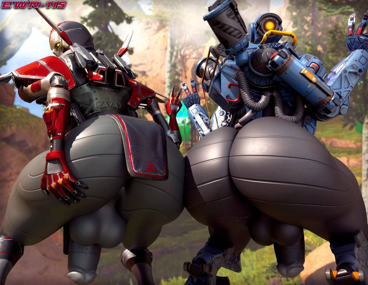 2boys, 2robots, 3d, 3d (artwork), apex legends, ass, ass growth, bubble ass, bubble butt, butt growth, ewr-115, gay, looking at viewer, looking back, looking back at viewer, male, pathfinder (apex legends), peace sign, revenant (apex legends), robot, showing ass, thick ass, thick thighs