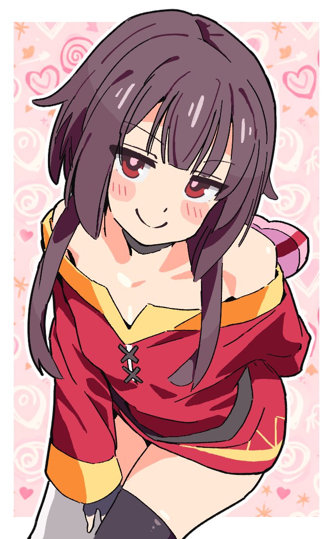 arms behind back, bare arms, between legs, black choker, black thighhighs, blunt bangs, blush stickers, box, brown hair, choker, collarbone, commentary, dress, female, female only, fingerless gloves, flat chest, gloves, hand between legs, heart-shaped box, kono subarashii sekai ni shukufuku wo!, leaning forward, light-skinned female, long sleeves, looking at viewer, megumin, noyama takenoko, off shoulder, off-shoulder dress, red dress, red eyes, short hair with long locks, simple background, single thighhigh, smile, solo, thighhighs, valentine, white background, zettai ryouiki