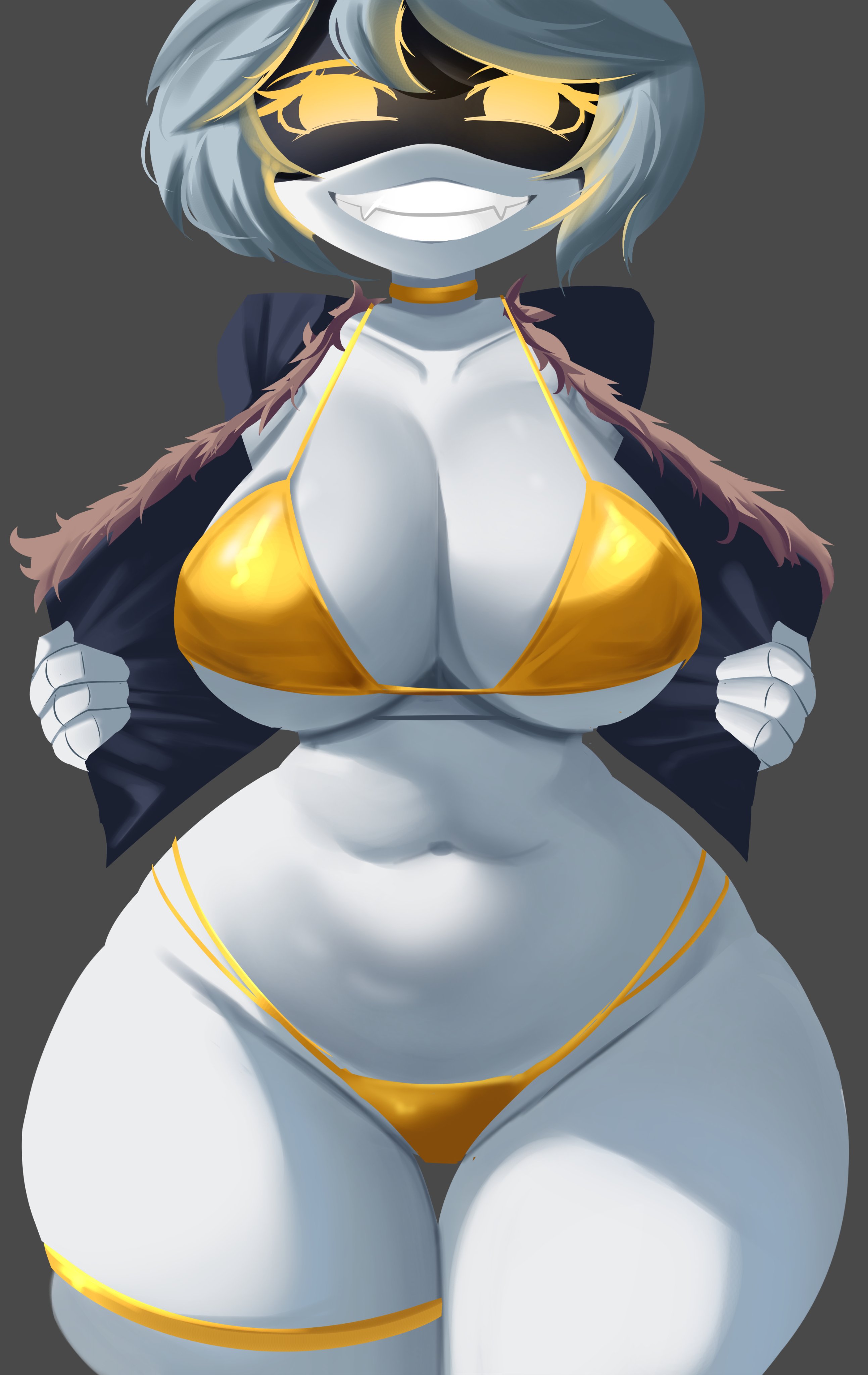 1girls, 2d, alaki zezo, ass, big ass, big breasts, big thighs, bikini, breasts, chubby, cleavage, disassembly drone, fangs, female, female only, gigantic ass, gigantic breasts, gigantic thighs, golden bikini, huge ass, huge breasts, huge thighs, humanoid, looking at viewer, murder drones, presenting, presenting breasts, robot, robot girl, robot humanoid, screen face, simple background, smile, smiling, smiling at viewer, solo, sonic (series), tagme, thick thighs, thighs, v (murder drones), white background, wide hips