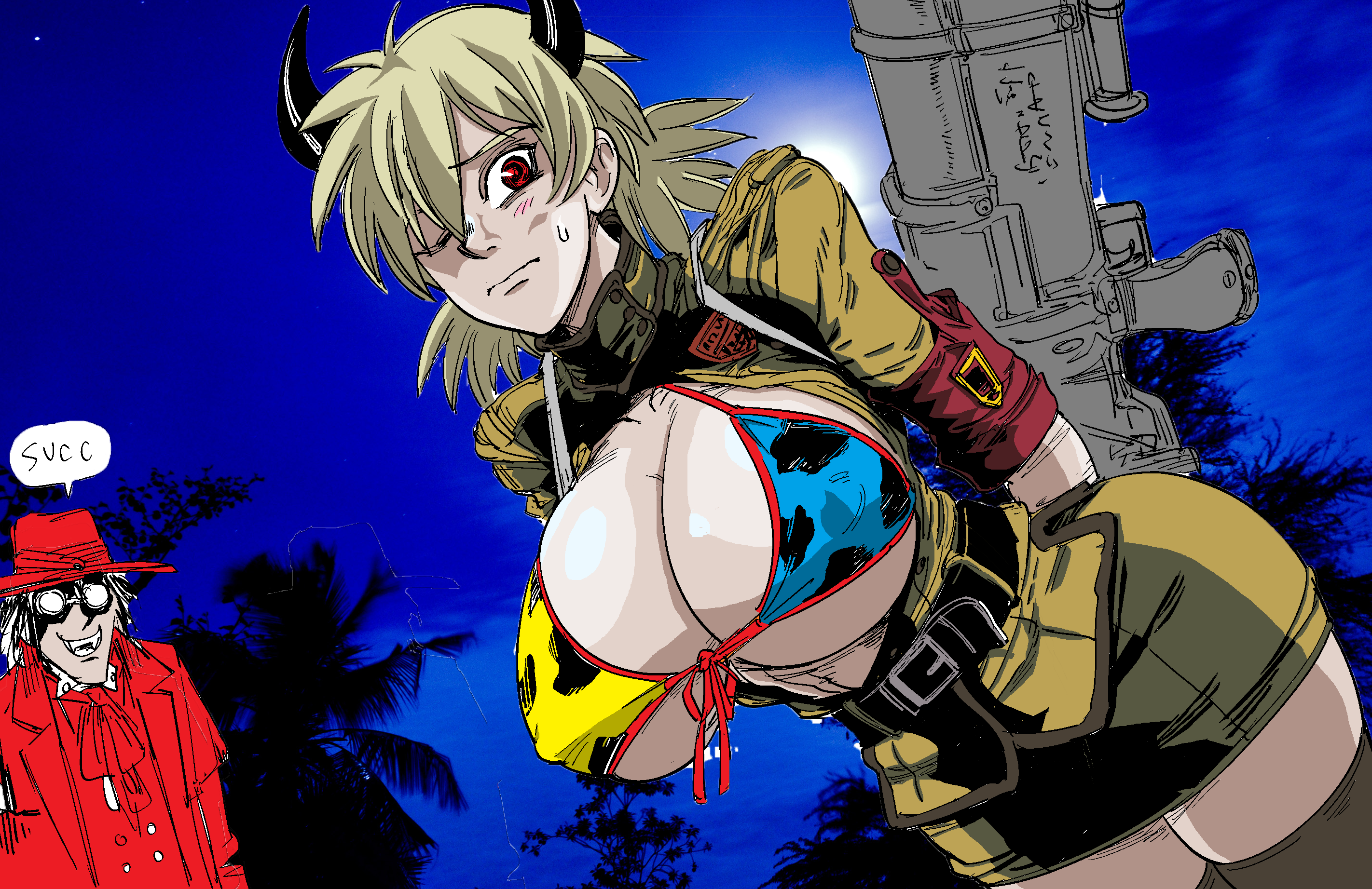 alucard (hellsing), bb (baalbuddy), big breasts, bra, breasts, cowgirl, female, gun, hellsing, hellsing ultimate, rifle, seras victoria, tkoharley, vampire