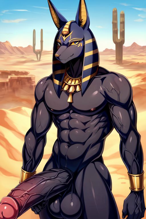 abs ai_generated anthro anubis big_balls big_penis cocky69 desert egyptian_mythology excessive_size hyper_penis long_penis muscular pecs veins_on_dick veiny_penis