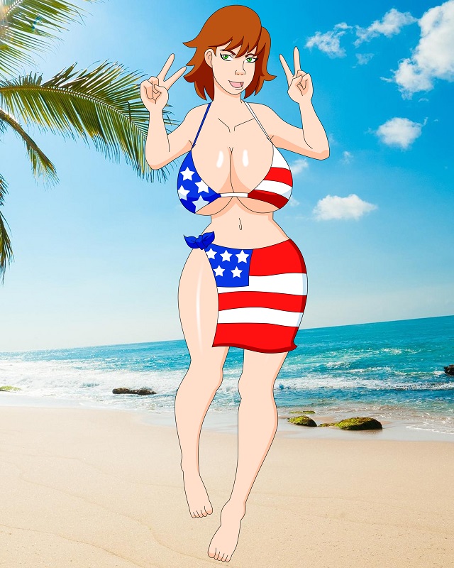 american_flag_bikini american_flag_print beach bikini blackangel018 double_v drnedzed female_only full_body gravity_girl_(drnedzed) huge_breasts ocean palm_tree pervyangel photo_background solo_female superboobs v