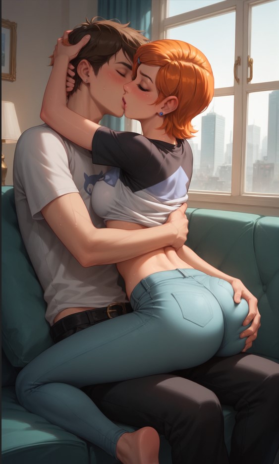 1boy, 1girls, ai generated, ass, ass grab, ben 10, ben tennyson, brown hair, cousins, female, gwen tennyson, incest, kissing, male, orange hair, vuxkan