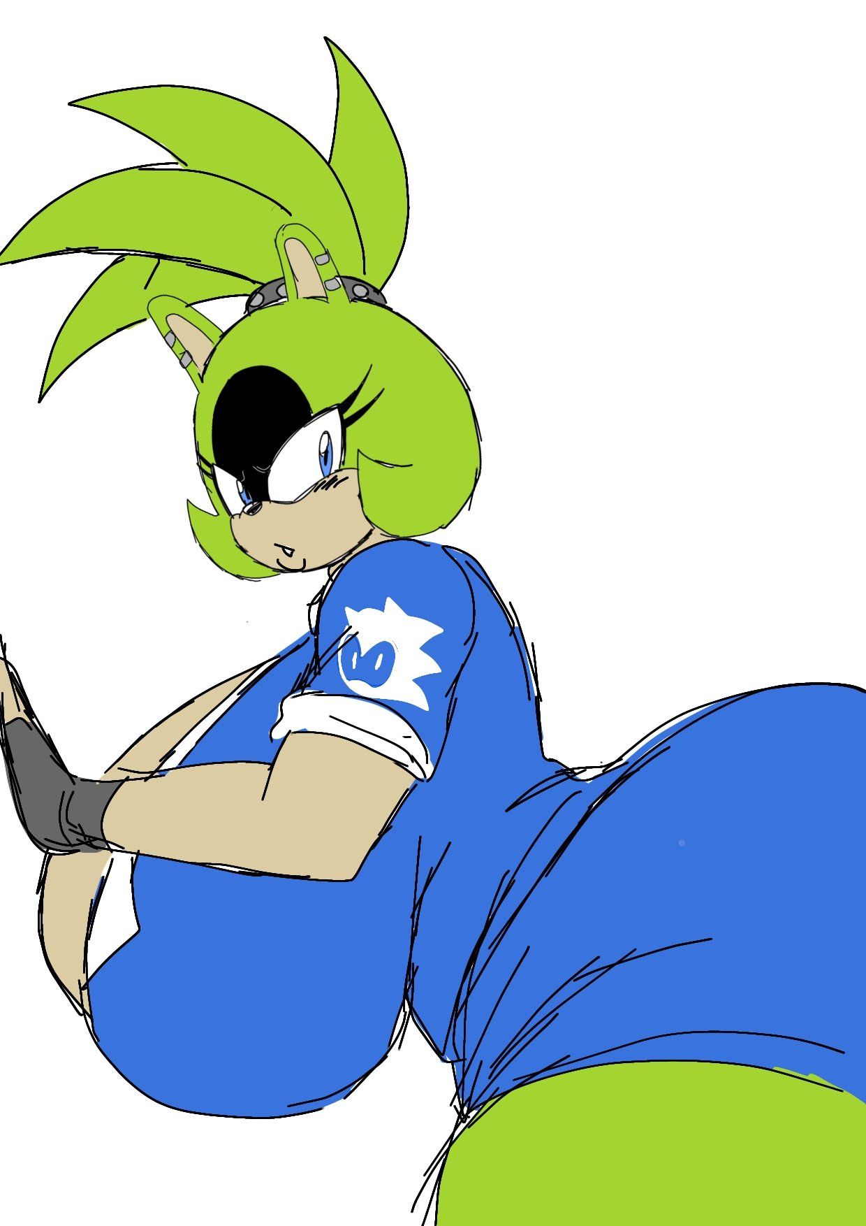 1girls, 2d, 2d (artwork), alternate body type, alternate breast size, anthro, anthro female, ass, big ass, big breasts, blue clothing, blue eyes, breasts, breasts bigger than head, busty, busty female, curvy, curvy body, curvy female, curvy figure, digital drawing (artwork), digital media (artwork), ear piercing, eyelashes, female, female focus, female only, furry, green fur, green hair, huge breasts, idw comics, idw publishing, large ass, large breasts, looking at viewer, mature, mature woman, mobian, mobian (species), mobian tenrec, momiji (artist), sega, simple background, solo, solo female, solo focus, sonic (series), sonic the hedgehog (comics), sonic the hedgehog (idw), sonic the hedgehog (series), surge the tenrec, thick ass, thick legs, thick thighs, thighs, upper body, white background