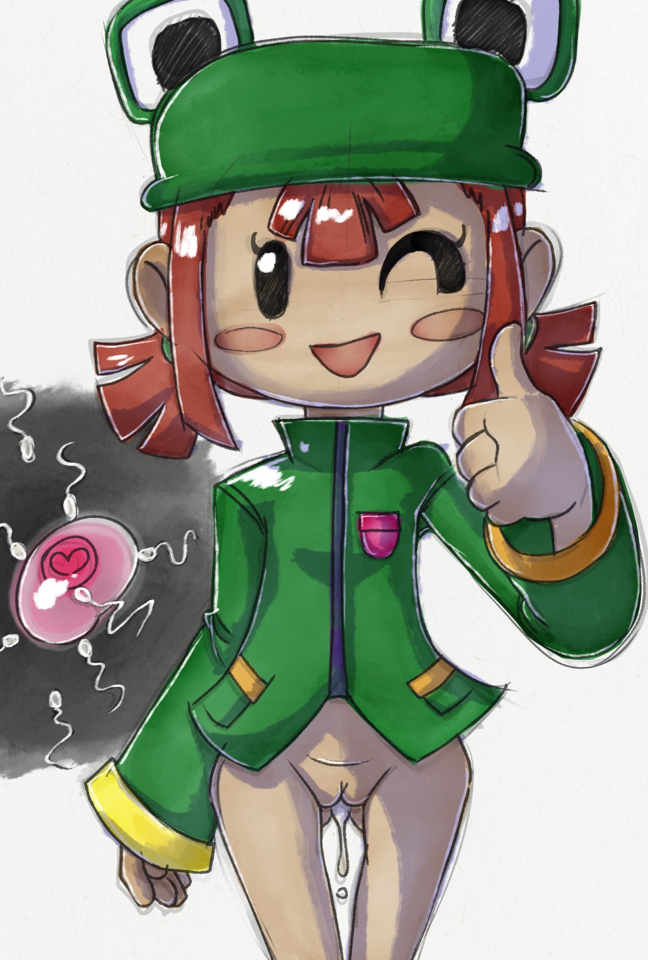 1girls ;d bottomless clothed cum cum_dripping female flat_chest frog_girl happy hat hexanne impregnation jacket looking_at_viewer minecraft open_mouth ovum_with_heart pigtails pussy rana_(minecraft) short_hair skinny slim solo sperm_meets_ovum starveil_(artist) thumbs_up wink winking_at_viewer
