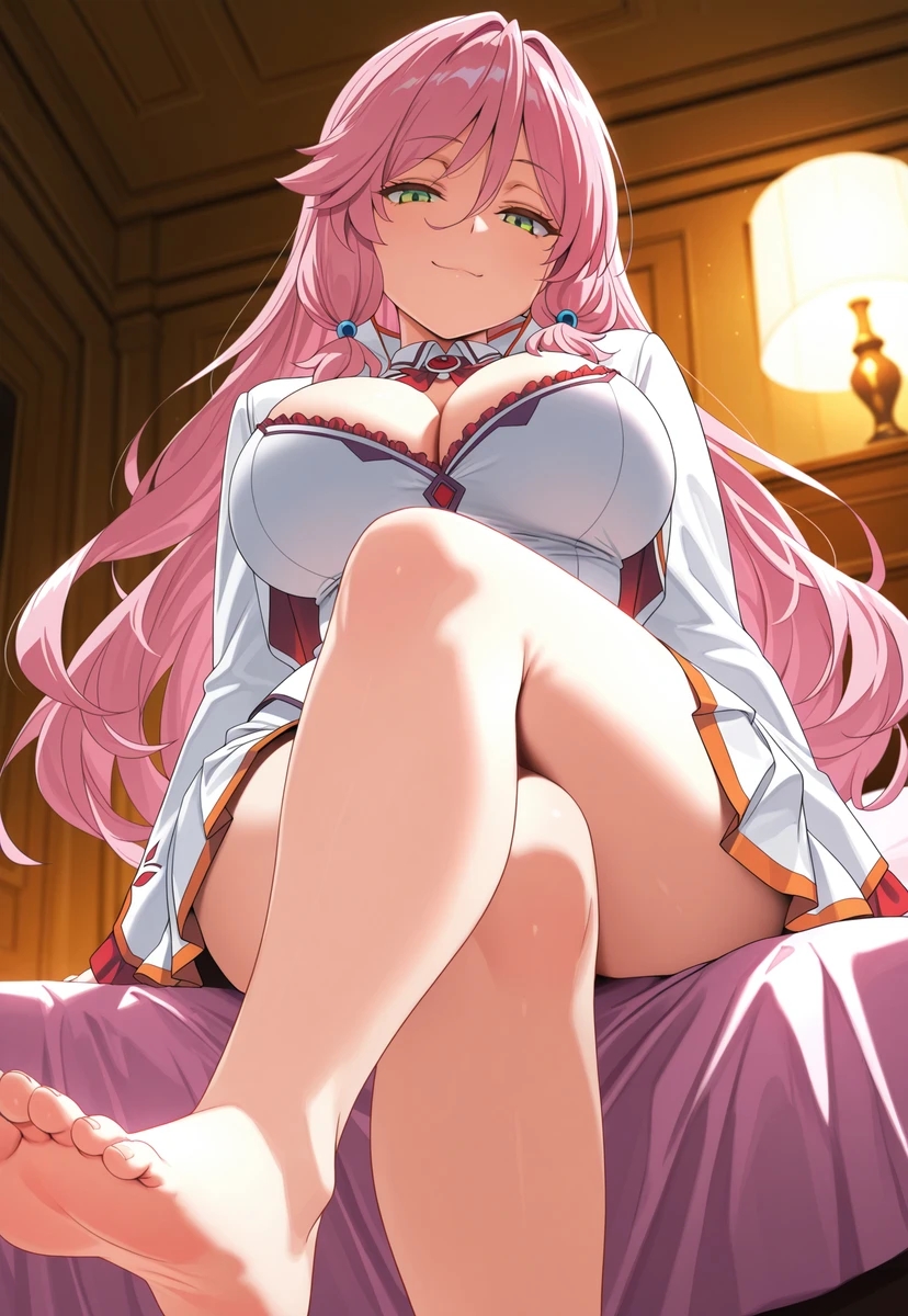 ai generated, big breasts, big thighs, breasts, feet, female, flare arlgrande jioral, goddess, green eyes, kaifuku jutsushi no yarinaoshi, pink hair, pixiv, princess, redo of healer, smirk