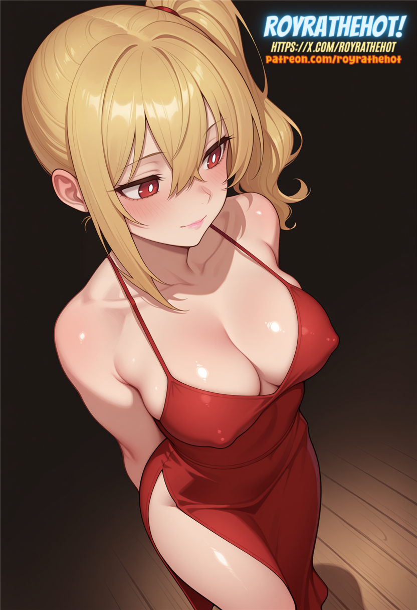 ai_generated blonde_hair blush covered_nipples female female light-skinned_female light_skin light_smile luciana_de_montefio lucy_(zenless_zone_zero) no_bra no_panties pink_lips red_dress red_eyes royrathehot solo standing tight_clothing watermark white_pupils zenless_zone_zero