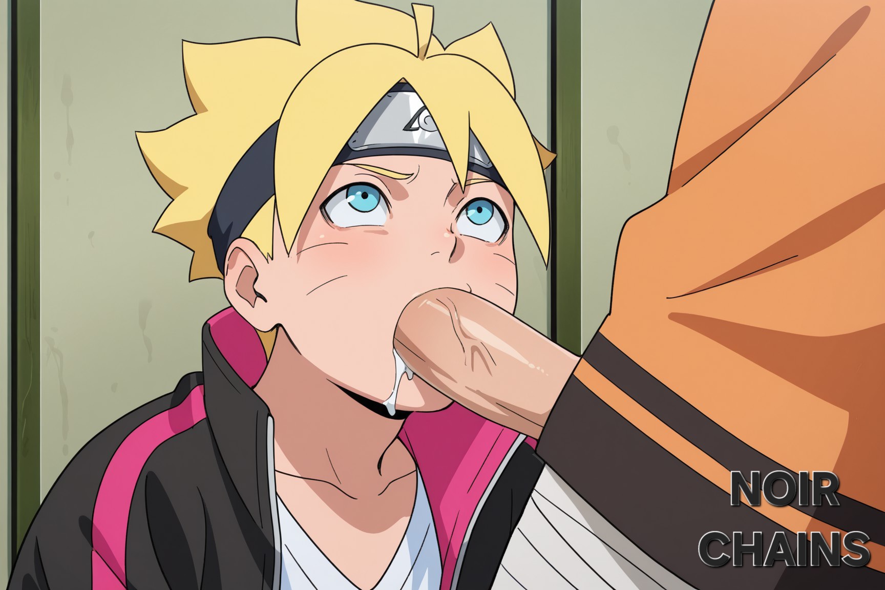 ai generated, asian male, blowjob, blue eyes, blush, boruto: naruto next generations, cum, cum in mouth, drool, father and son, gay, gay sex, headband, human, human male, indoors, jacket, kneeling, looking at partner, looking up, male, male/male, naruto, naruto (series), oral, oral penetration, penis, penis in mouth, tan skin, tan-skinned male, uzumaki boruto, uzumaki naruto, white shirt, yellow hair