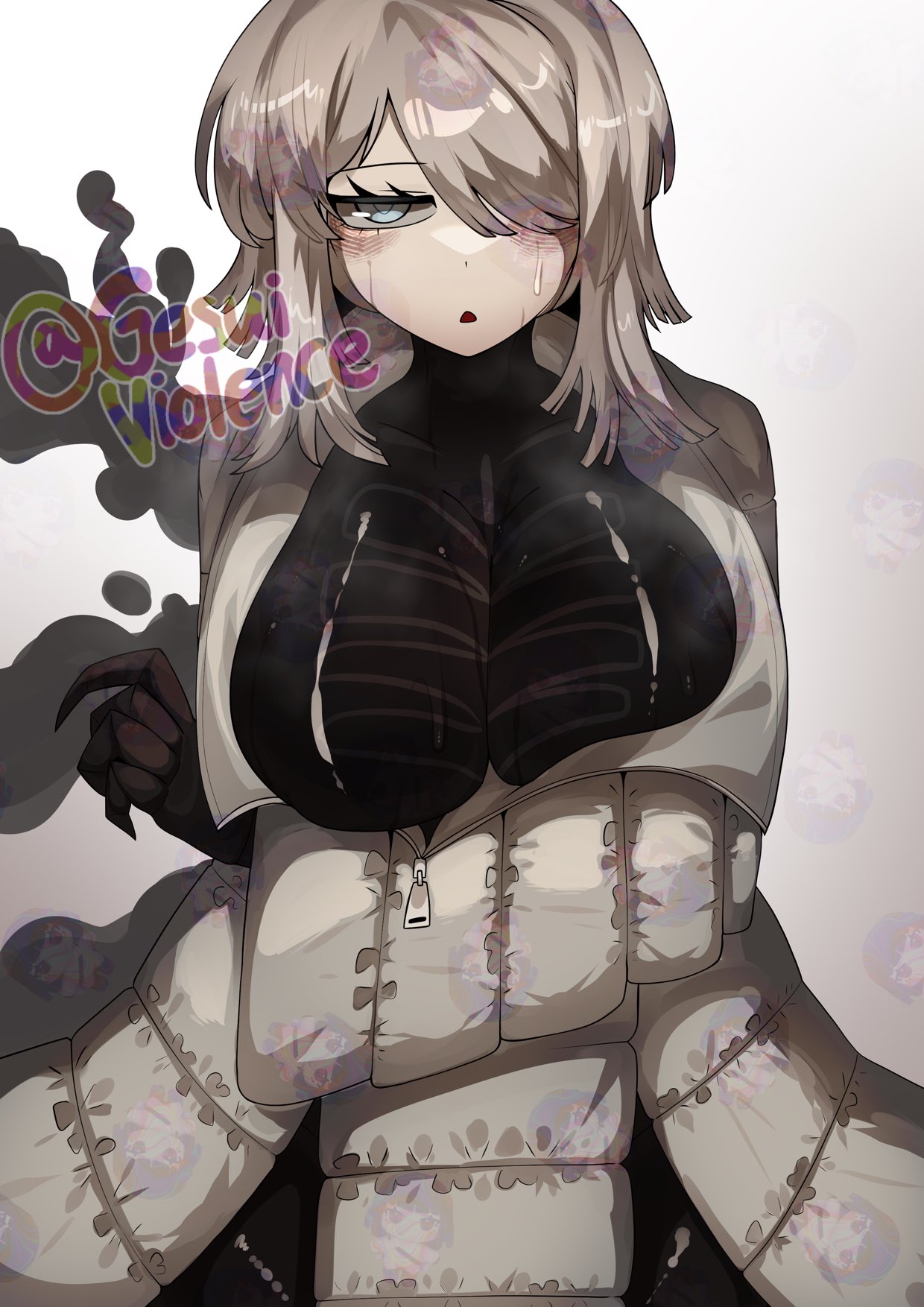 1girls, 2d, 2d (artwork), 2d artwork, artist name, barely visible ryoshu plush watermark, black bodysuit, blue eyes, blush, bodysuit, breasts, busty, e.g.o (project moon), faust (limbus company), female, female only, gesuiviolence, hair over one eye, huge breasts, jacket, limbus company, open mouth, possessed, possession, project moon, solo, sweat, sweat on breast, sweatdrop, watermark, white hair