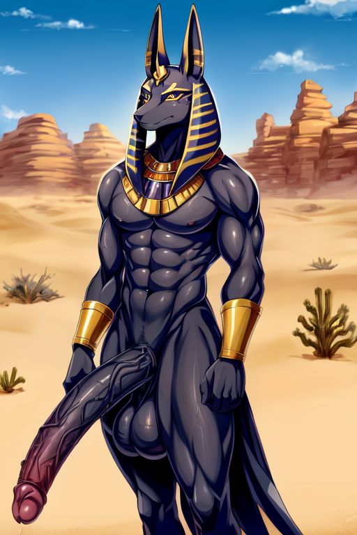 abs ai_generated anthro anubis big_balls big_penis cocky69 desert egyptian_mythology excessive_size hyper_penis long_penis muscular pecs veins_on_dick veiny_penis