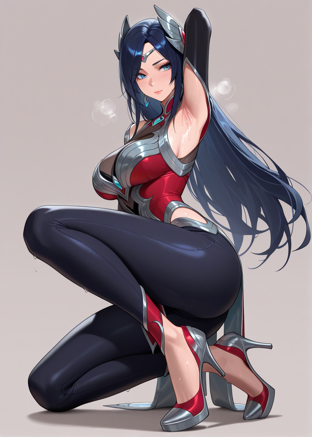 1girls adult ai_generated arm_behind_head arm_up armpit armpit_crease armpit_cutout armpit_fetish armpit_focus armpits arms_behind_head arms_up big_butt clothed clothing confident covering_breasts dark_blue_hair female female_only half_kneel heels high_heels irelia_xan kneeling kneeling_down league_of_legends looking_at_viewer medium_breasts non-nude riot_games seducing seductive_look simple_background solo sweaty sweaty_armpit white_background
