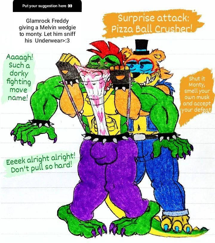 2boys 3_toes 5_fingers 6_pack abs alligator anthro anthro_male anthro_only attack black_top_hat blue_claws blue_eyes blue_jacket blue_pants blush body_paint boner buff bulge bulge_through_clothing claws deviantart dialogue duo duo_male erection fangs fetish fighting_game fingerless_gloves five_nights_at_freddy's five_nights_at_freddy's:_security_breach fnaf furry furry_male furry_only glamrock_freddy_(fnaf) glamrock_freddy_(fury's_rage) green_body green_skin hat heart_underwear jacket jpeg male male_furry male_only male_ponytail masculine_male mohawk mohawk_(hairstyle) monkeycat9 montgomery_gator_(fnaf) montgomery_gator_(fury's_rage) muscles muscular muscular_male no_females no_humans no_penetration no_sex nonconsensual only_male open_mouth orange_body orange_fur pants pecs penis_outline ponytail purple_claws purple_pants questionable_consent red_hair red_hair_male request scalie scalie_male security_breach_fury's_rage sharp_teeth six_pack sniffing_underwear spiked_bracelet standing strong top_hat tophat traditional_art traditional_drawing_(artwork) traditional_media_(artwork) underwear wedgie wedgie_fetish wedgied_male yellow_belly