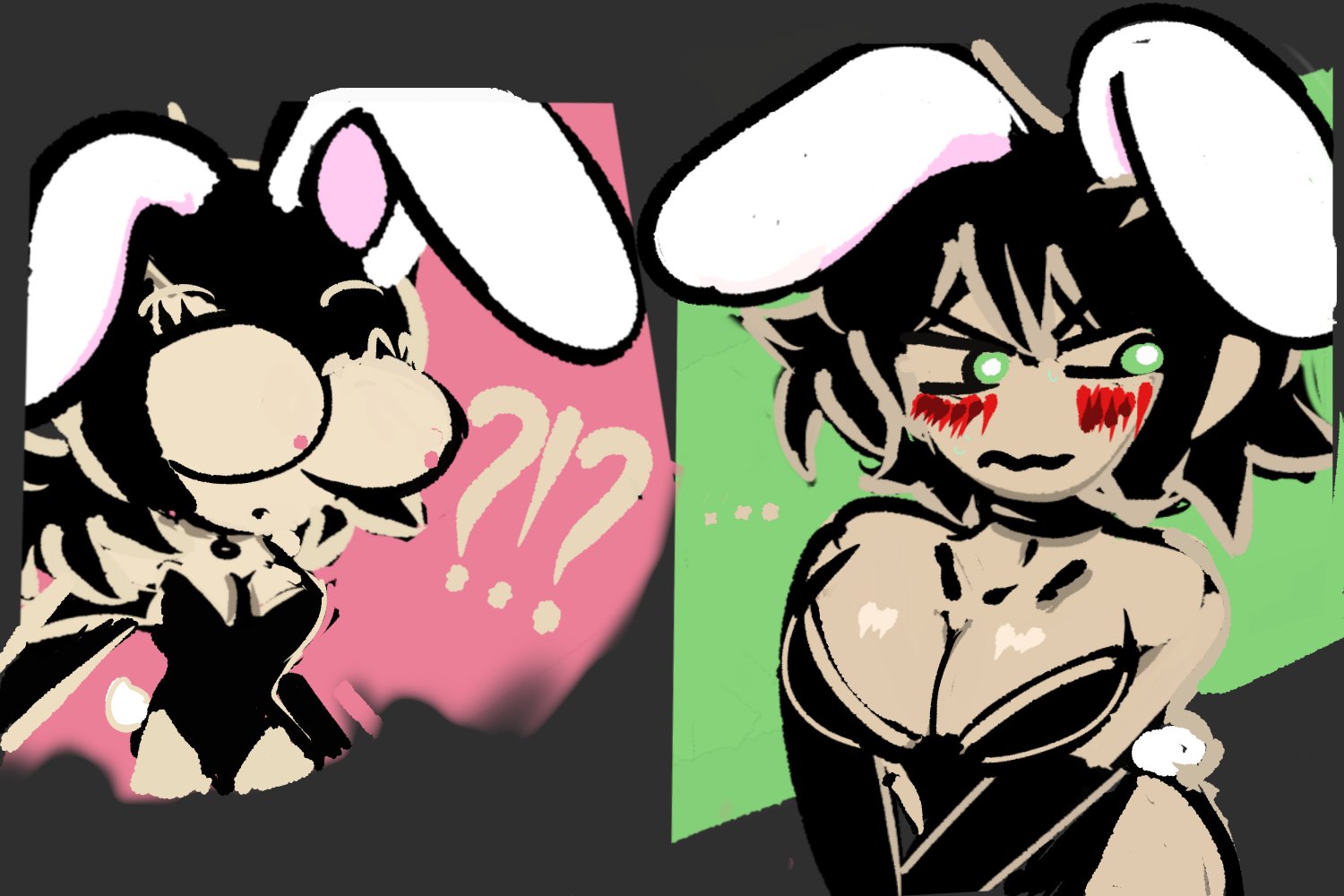 ??, 1boy, 1girls, andrew graves, ashley graves, big breasts, black hair, blushing, boy boobs, breasts, bunny ears, bunnysuit, busty male, embarrassed, embarrassed male, female, green eyes, implied incest, incest, male, male with breasts, o°o, pink eyes, puddinpuddgi, shocked expression, stylized, supersludge, suprised look, the coffin of andy and leyley, toony