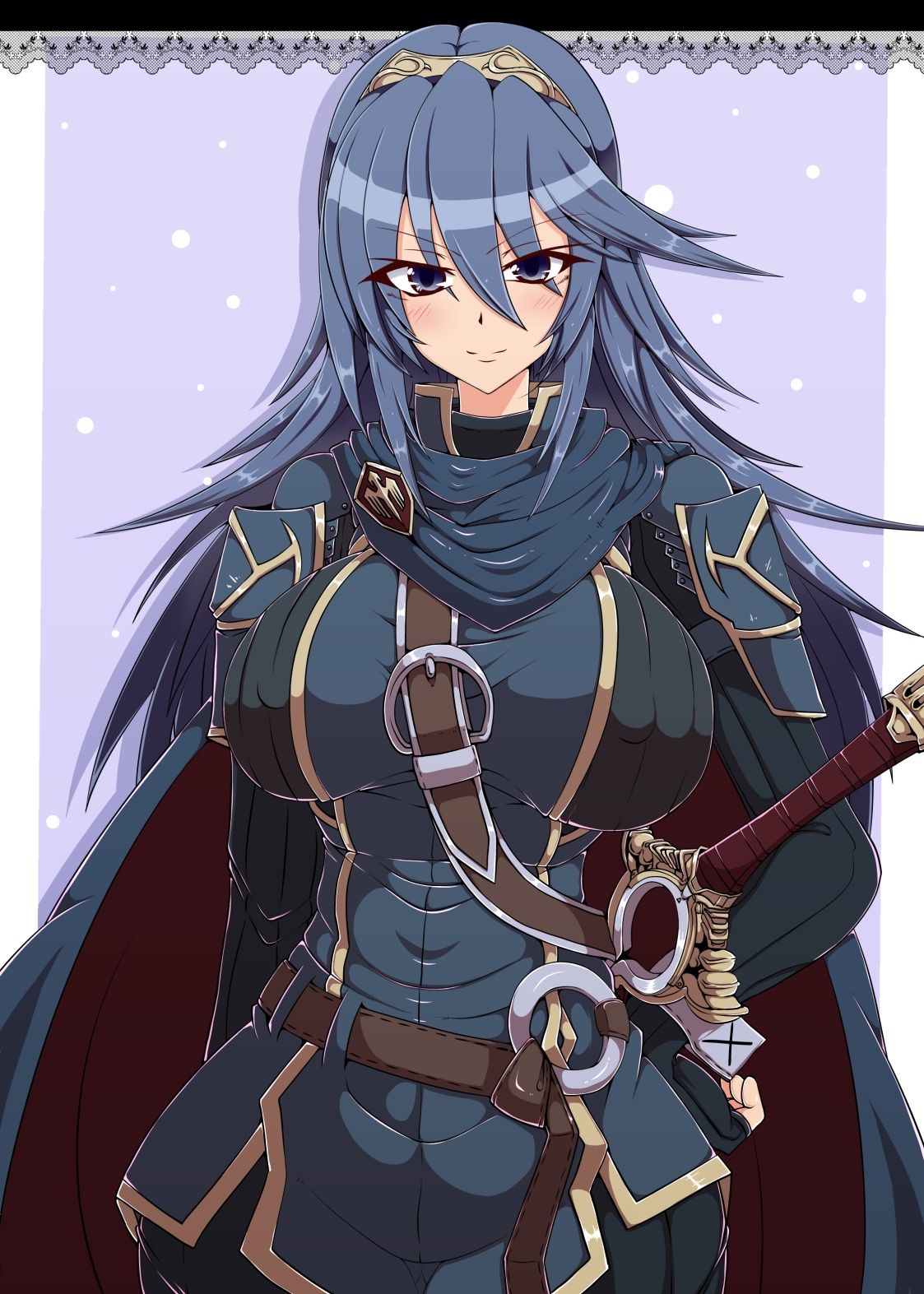 1girls, alluring, alternate breast size, big breasts, blue eyes, blue hair, breasts, female, female focus, female only, fire emblem, fire emblem awakening, gloves, huge breasts, human, long hair, looking at viewer, lucina (fire emblem), solo, solo female, solo focus, sword, tonyman plus, wide hips
