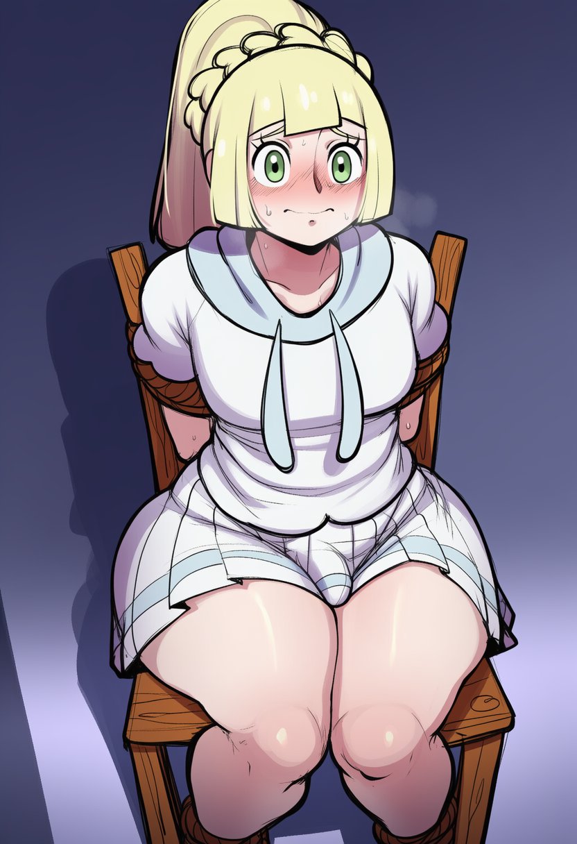 ai generated, big ass, blonde futa, blonde hair, bondage, breasts, bulge, futanari, green eyes, huge ass, intersex, kidnapped, lillie (pokemon), penis, pokemon, pokemon sm, ponytail, senko chan1, small bulge, small penis, small penis futa, thick thighs, tied to chair, tied up, tiny penis, wide hips, worried expression