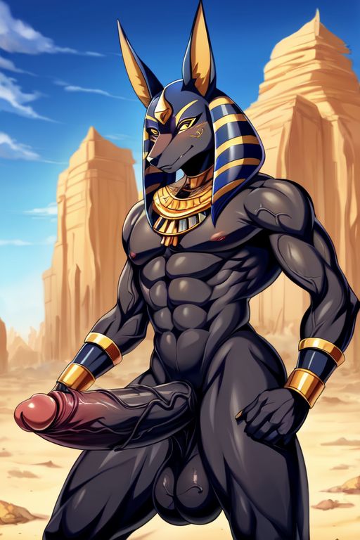 abs ai_generated anthro anubis big_balls big_penis cocky69 desert egyptian_mythology excessive_size hyper_penis long_penis muscular pecs veins_on_dick veiny_penis