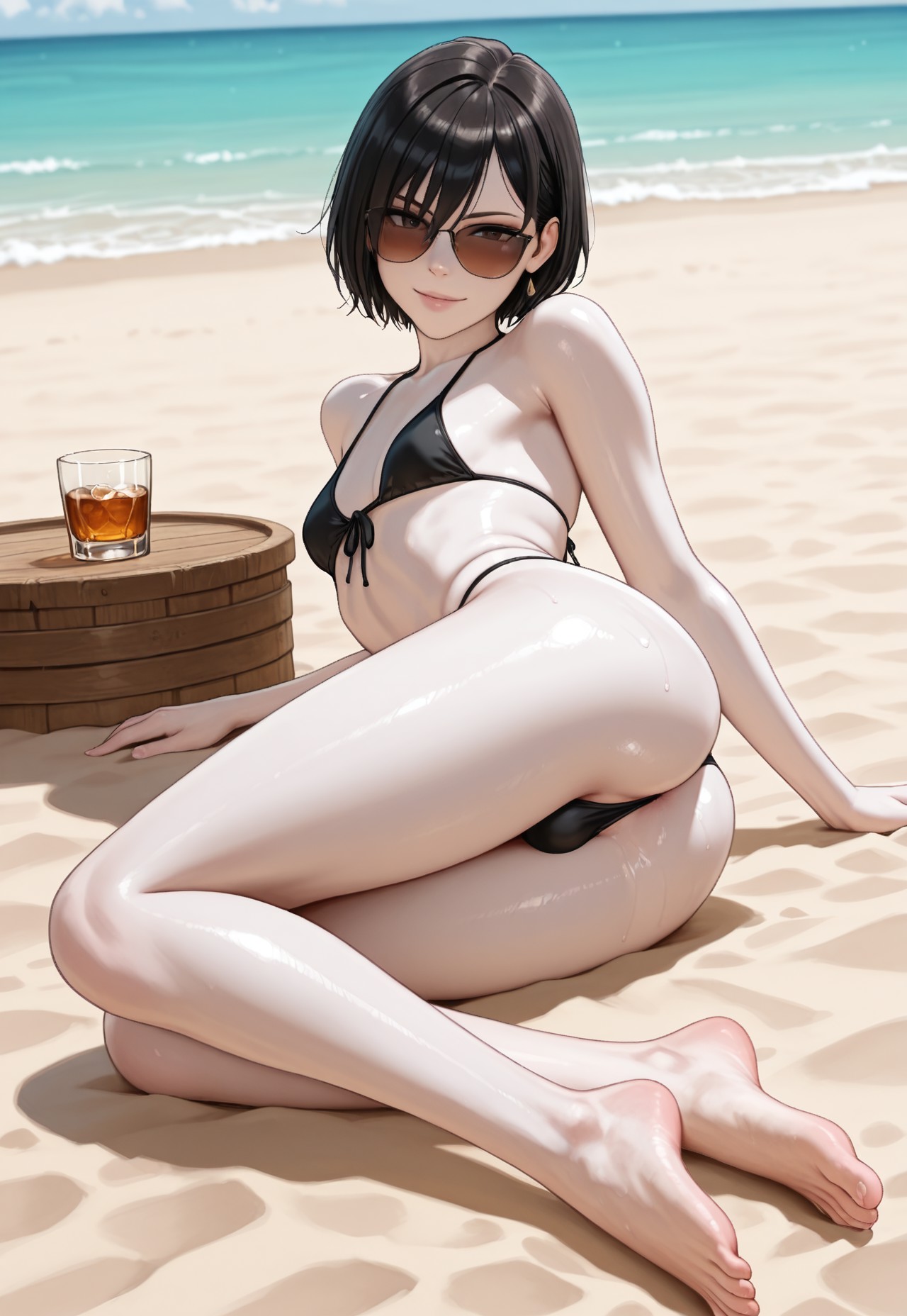 1boy, 1femboy, 2025, ai generated, alternate version available, anus peek, ass, beach, bikini, bikini bottom, bikini top, black bikini, crossdressing, femboy, feminine male, girly, lying, lying on side, male, outdoors, outside, smittypitty, solo, sunglasses, thighs, tinted eyewear, trap