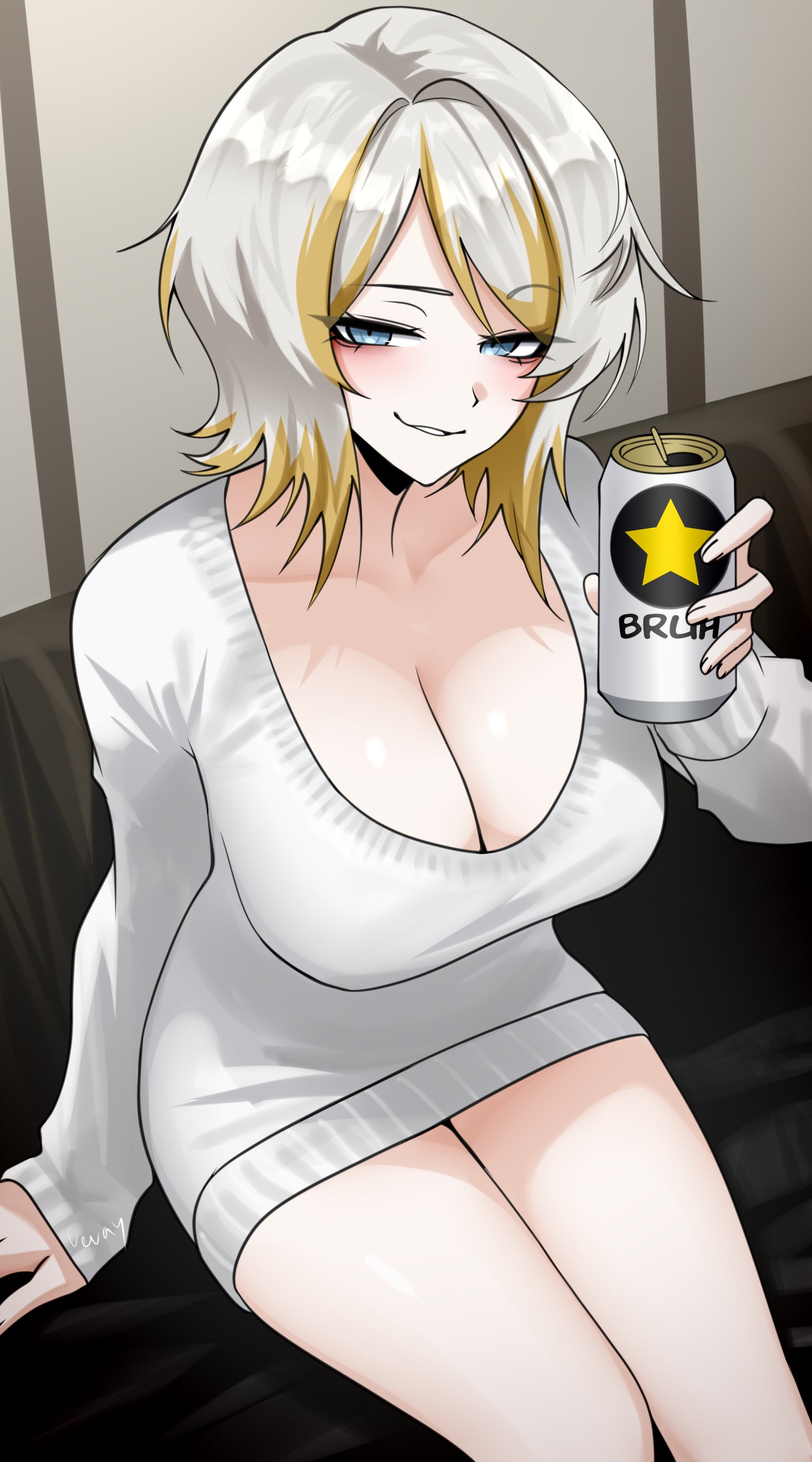 :), 1girls, 2d, 2d (artwork), 2d artwork, background, beer, beer can, blush, blushing at viewer, blushing female, bruh, faust (limbus company), female, female only, holding object, light-skinned female, limbus company, looking at viewer, multicolored hair, no watermark, project moon, short hair, short-haired female, sitting, sitting on bench, smile, smile at viewer, smiling, smiling at viewer, solo, star, star (symbol), the one who grips faust (limbus company), two-tone hair, vvernerluniq, white hair, white-haired female