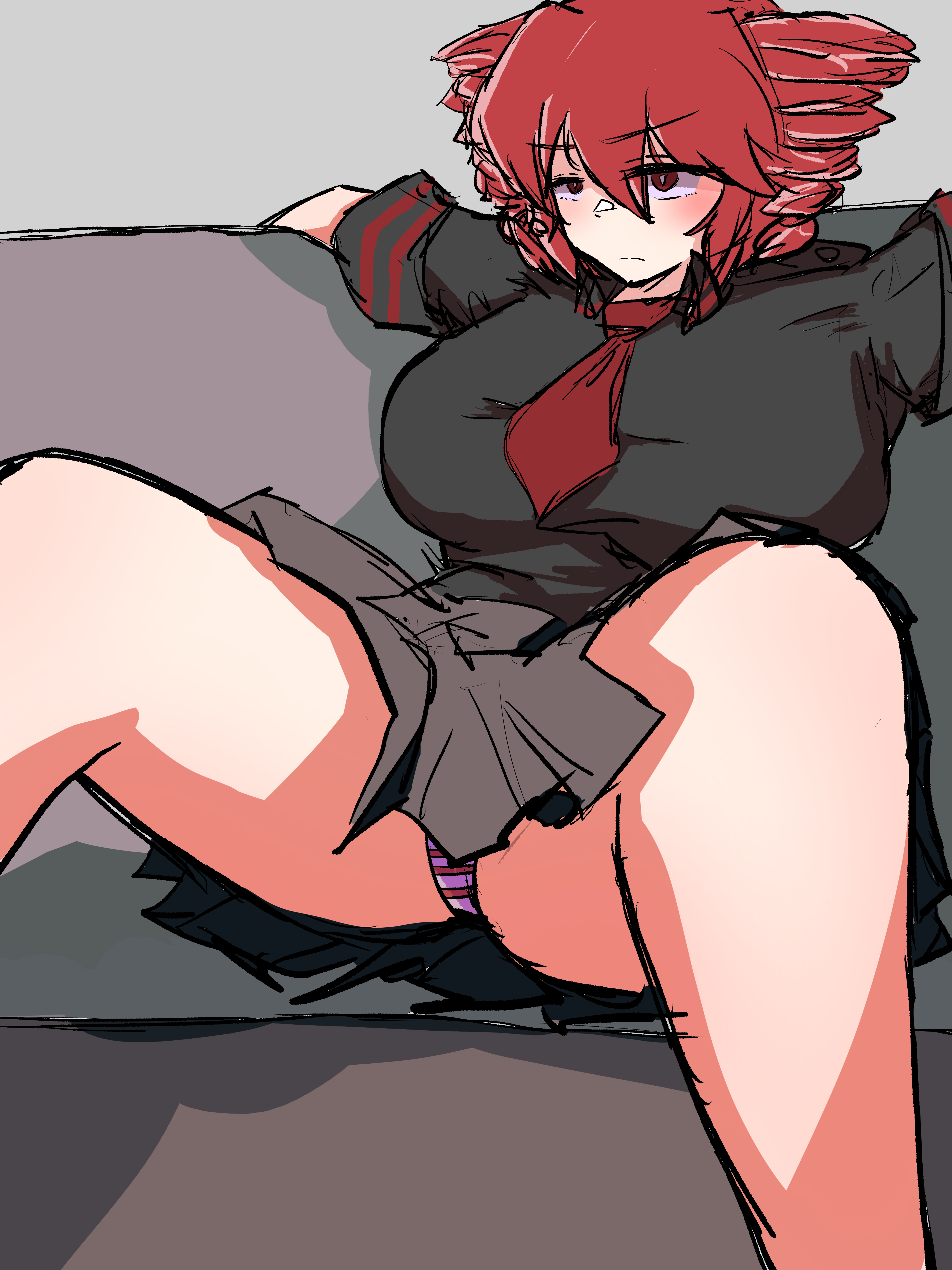 1girls, 2d, 2d (artwork), big breasts, breasts, clothed, clothing, female, female only, fully clothed, huge breasts, kasane teto, large breasts, necktie, panties, panty peek, red eyes, red hair, sitting, skirt, solo, solo female, spread legs, spreading, striped panties, thick thighs, thighs, twin drills, upskirt, utau, wasanpon ama