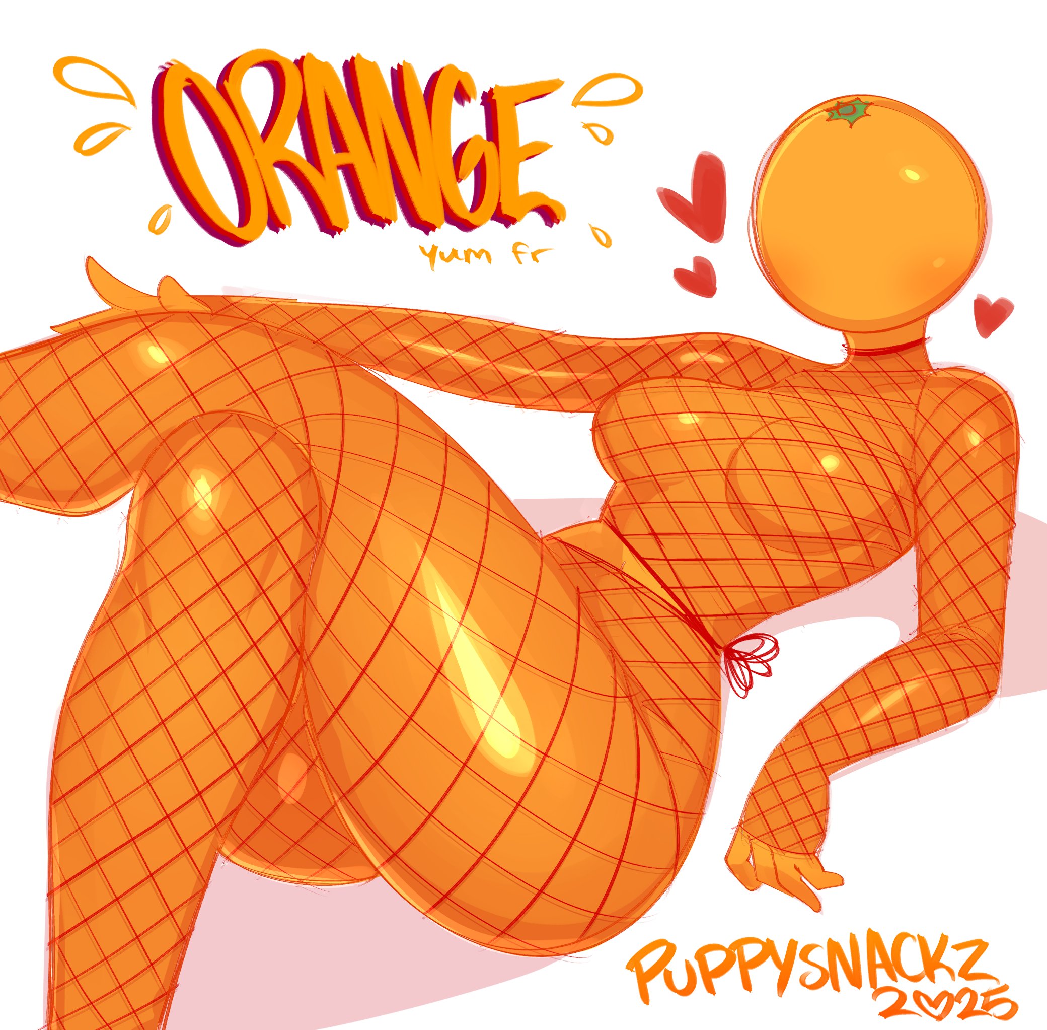 1girls, 2025, artist name, blush, breasts, faceless female, female, fishnet clothing, fishnets, fruit, fruit humanoid, heart, medium breasts, no face, orange (fruit), orange skin, puppysnackz, tagme, thick thighs, watermark, white background