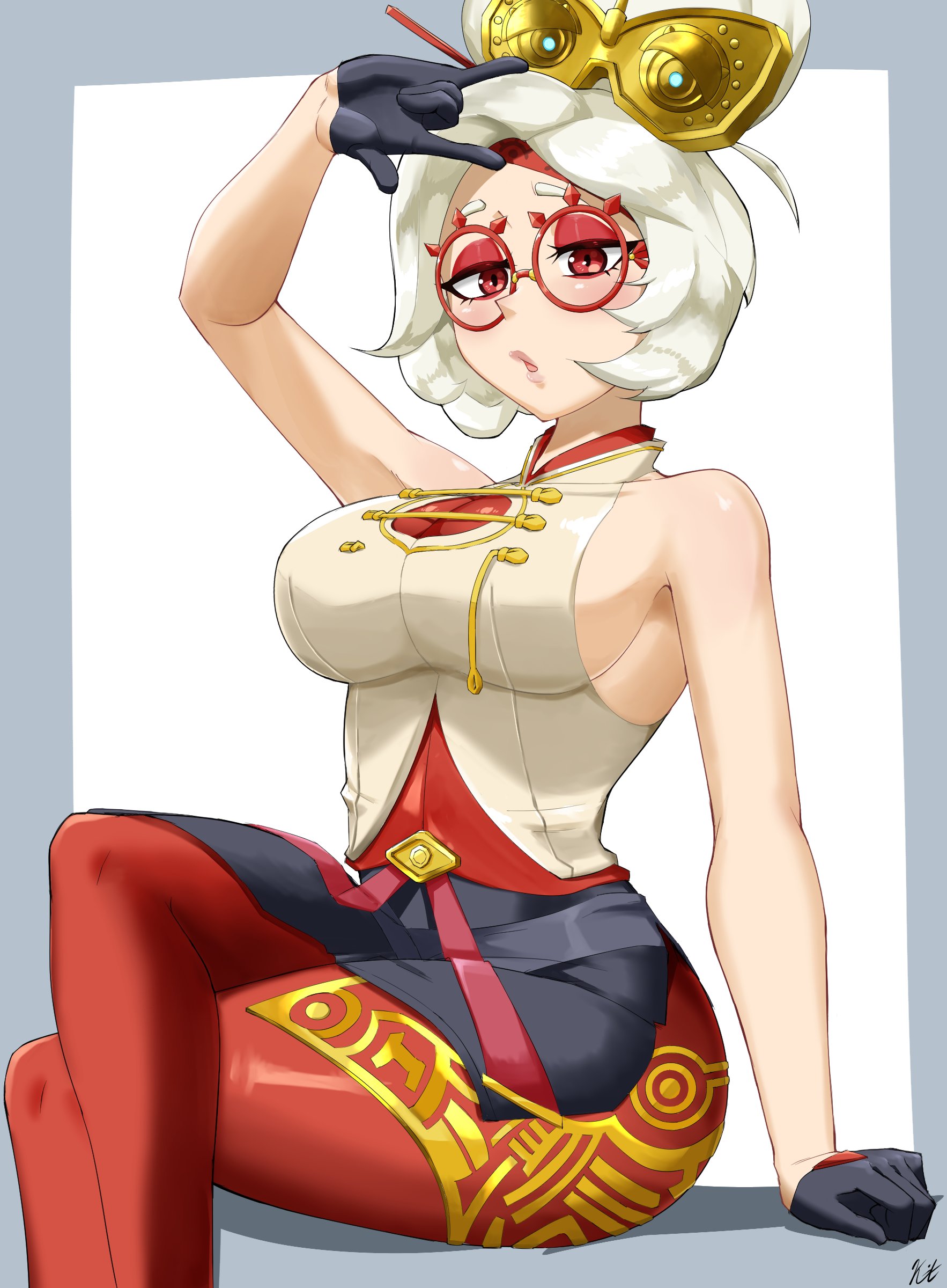 1girls, arm support, bare shoulders, black gloves, black skirt, clarkekitsp, female, female only, glasses, gloves, goggles, goggles on head, hair ornament, hair stick, half gloves, headband, large breasts, nintendo, pantyhose, purah, red eyes, red headband, red pantyhose, red-framed eyewear, round eyewear, sideboob, sitting, skirt, sleeveless, solo, tears of the kingdom, the legend of zelda, the legend of zelda: tears of the kingdom, white hair