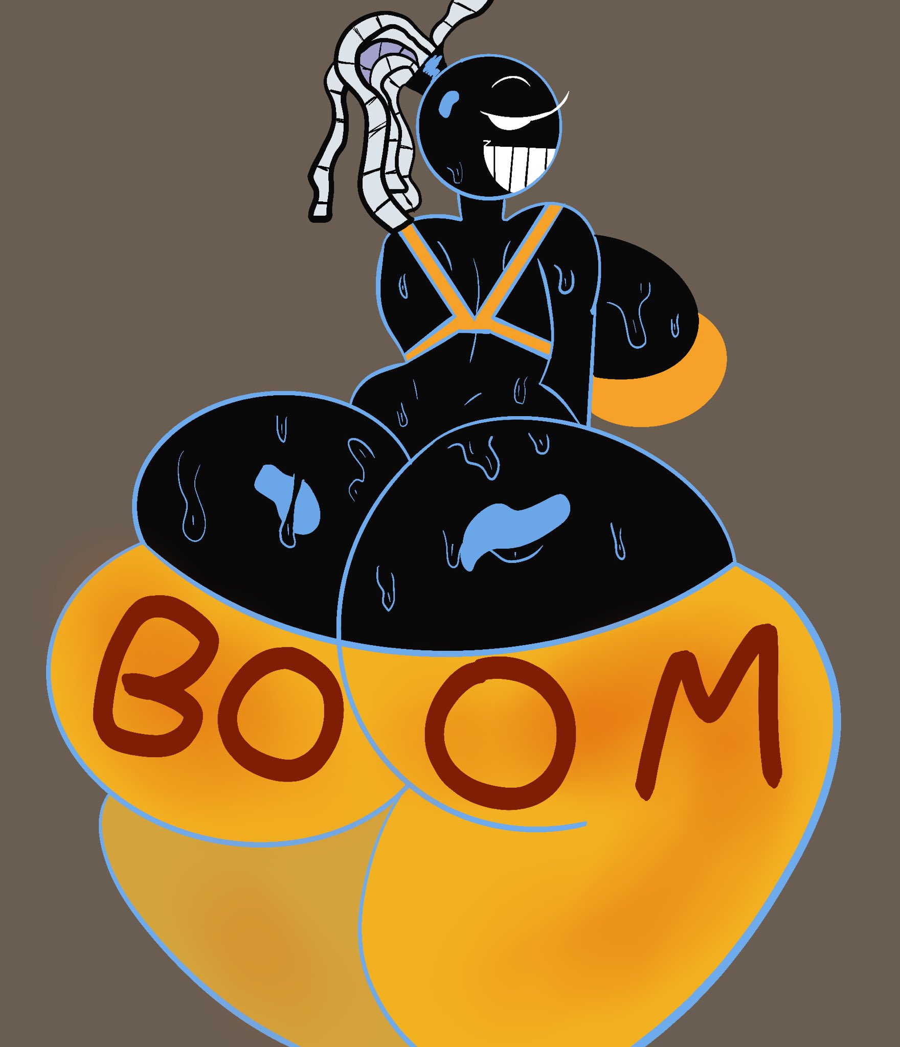 anthro, ass, ass cleavage, ass crack, big ass, big breasts, black skin, bomb, bomb gal (androjuniarto), breasts, butt crack, curvydoodles, female, no panties, pants, sideboob, smile, sweaty ass, sweaty butt
