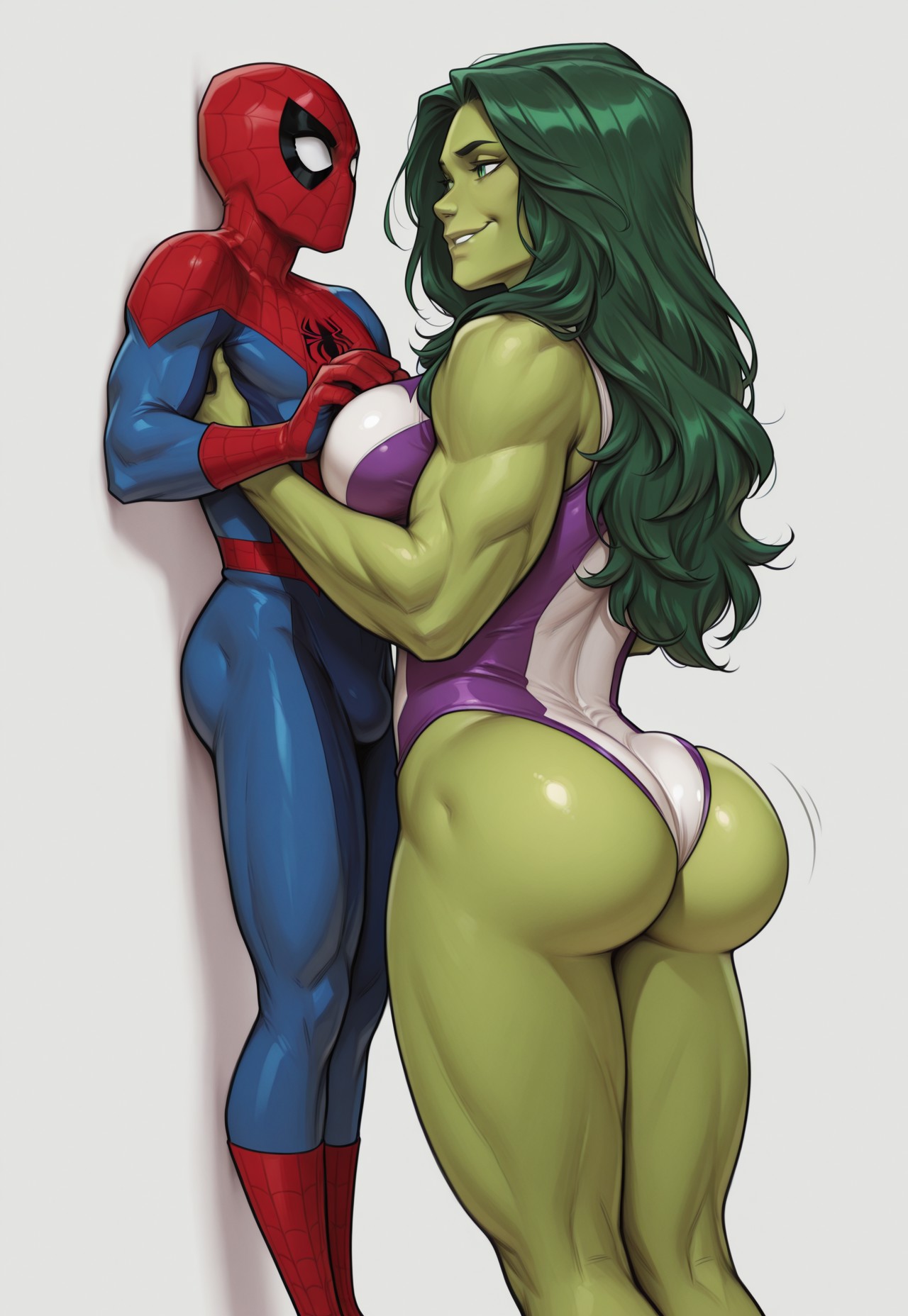 1boy, 1girls, 2girls, ai generated, animification, ass, assertive female, avengers, big ass, bodysuit, breast grab, breast press, breasts, bubble ass, bubble butt, clothing, colored skin, eye contact, female, footwear, grabbing, green eyes, green hair, green skin, grey background, grin, hand on another's chest, height difference, hulk (series), jennifer walters, large breasts, leotard, lifting person, long hair, looking at another, male, male/female, marvel, marvel comics, mask, multiple females, multiple girls, muscles, muscular, muscular female, muscular male, parted lips, peter parker, purple leotard, shadow, she-hulk, shorter male, simple background, skin tight, smile, spider-man, spider-man (series), standing, straight, superhero, superheroine, taller female, thick thighs, thighs, white leotard, wide hips, will of ai