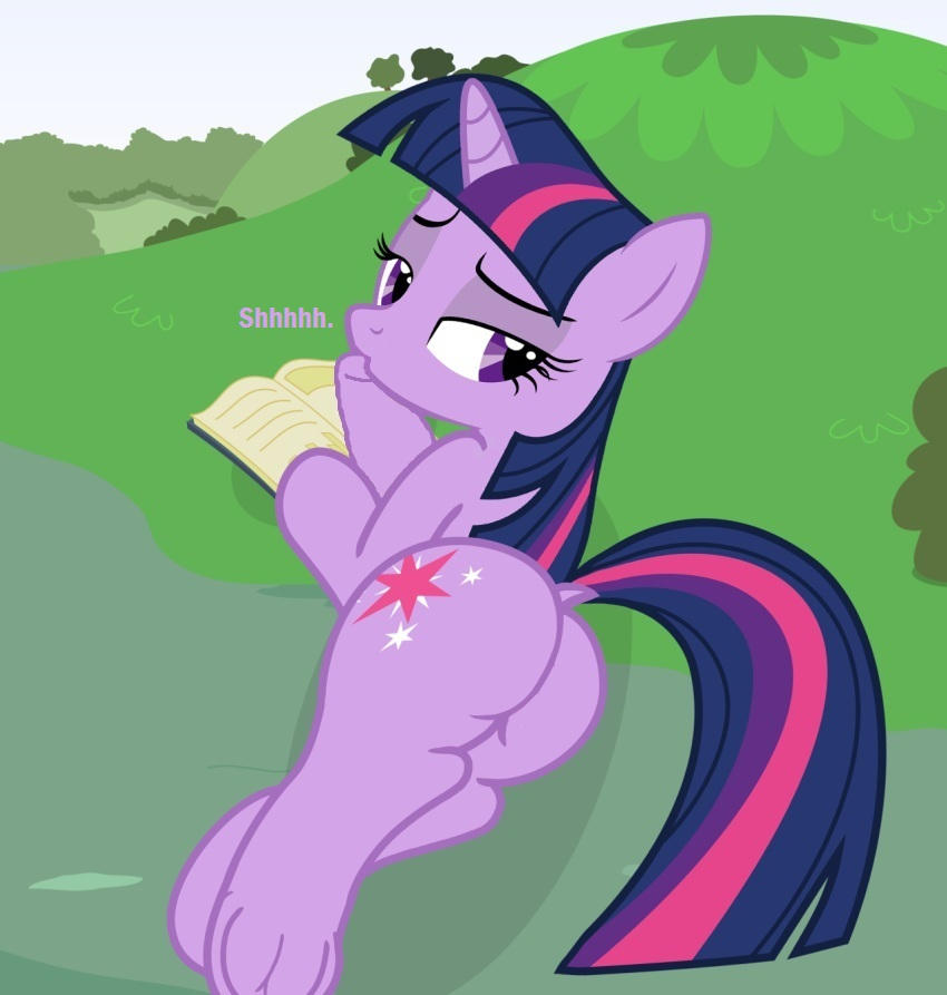 2d ass big_ass book female feral feral_only full_color hoof hooves horn huge_ass laying_down looking_at_viewer looking_back_at_viewer my_little_pony my_little_pony_friendship_is_magic no_penetration quadruped rear_view show_accurate shushing solo solo_female tagme tagme_(artist) twilight_sparkle_(mlp) unicorn unknown_artist unknown_source