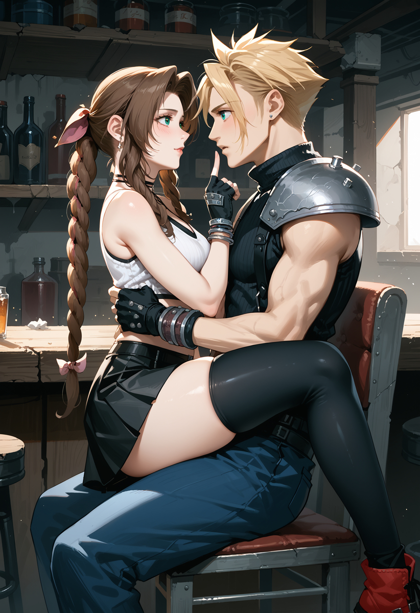 1boy 1girls aerith_gainsborough ai_generated biceps blonde_hair blonde_hair_male cloud_strife cosplay face-to-face female final_fantasy final_fantasy_vii final_fantasy_vii_remake gloves green_eyes long_hair male male/female miniskirt muscular_male on_lap ponytail short_skirt sitting_on_lap straight thick_thighs thighhighs tifa_lockhart_(cosplay)