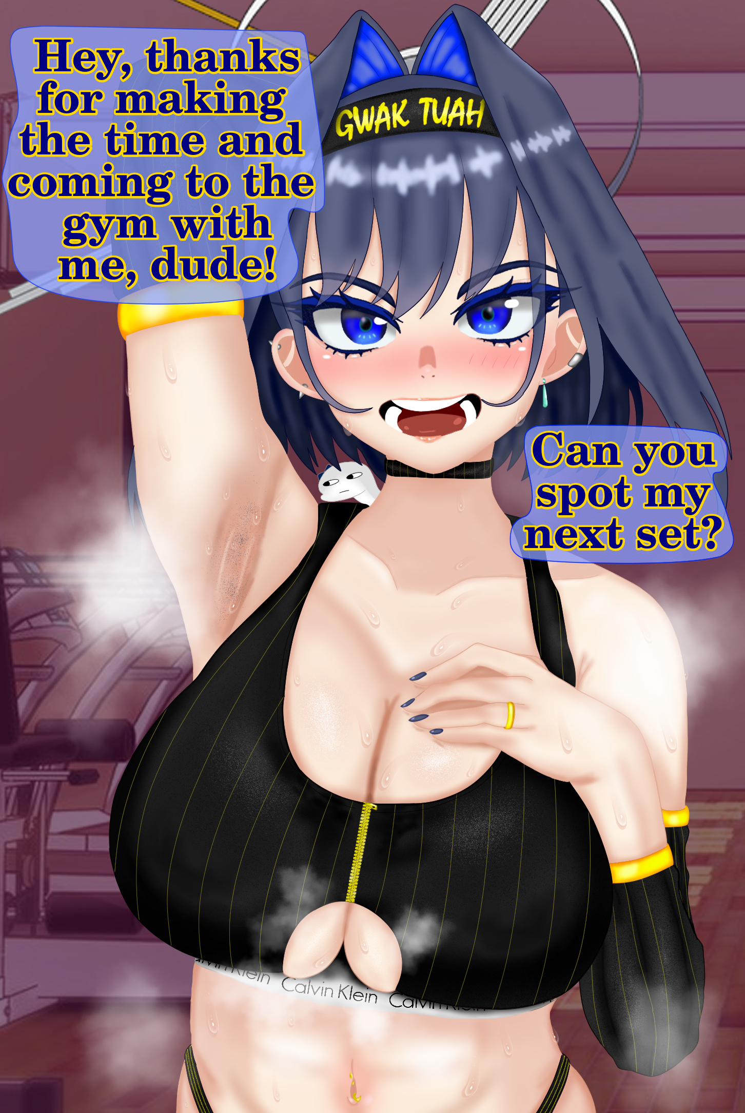 1girls, abs, armlet, armlets, armpit, armpit crease, armpit fetish, armpit stubble, armpits, asking for help, black sports bra, blue eyelashes, blue eyes, blue hair, blue nails, boros (ouro kronii), breasts, calvin klein, choker, cleavage, clock, colored inner hair, dialogue, ear piercing, easy access, eddarxart, english, english text, exercise, exercise clothing, exercise equipment, exercising, female, gold armlet, gym, gym background, gym clothes, hair intakes, hair vents, halo, hand on own chest, hawk tua!, hawk tuah, headband, highleg, highleg panties, hololive, hololive english, hololive english -council-, hololive english -promise-, large breasts, looking at viewer, medium hair, meme, meme attire, meme clothing, meme reference, muscles, muscular, muscular female, navel, navel piercing, open mouth, ouro kronii, piercing, ring, smile, sole female, speech bubble, sports bra, sportswear, steam, steaming body, sweat, sweatdrop, sweating, sweaty, sweaty body, sweaty bra, sweaty breasts, talking, teeth, text, toned, toned female, toned stomach, training, translated, two-tone hair, underboob, underboob cutout, underboob peek, upper body, virtual youtuber, vtuber, vtuberfanart, wedding ring, working out, zipper, zipper bikini