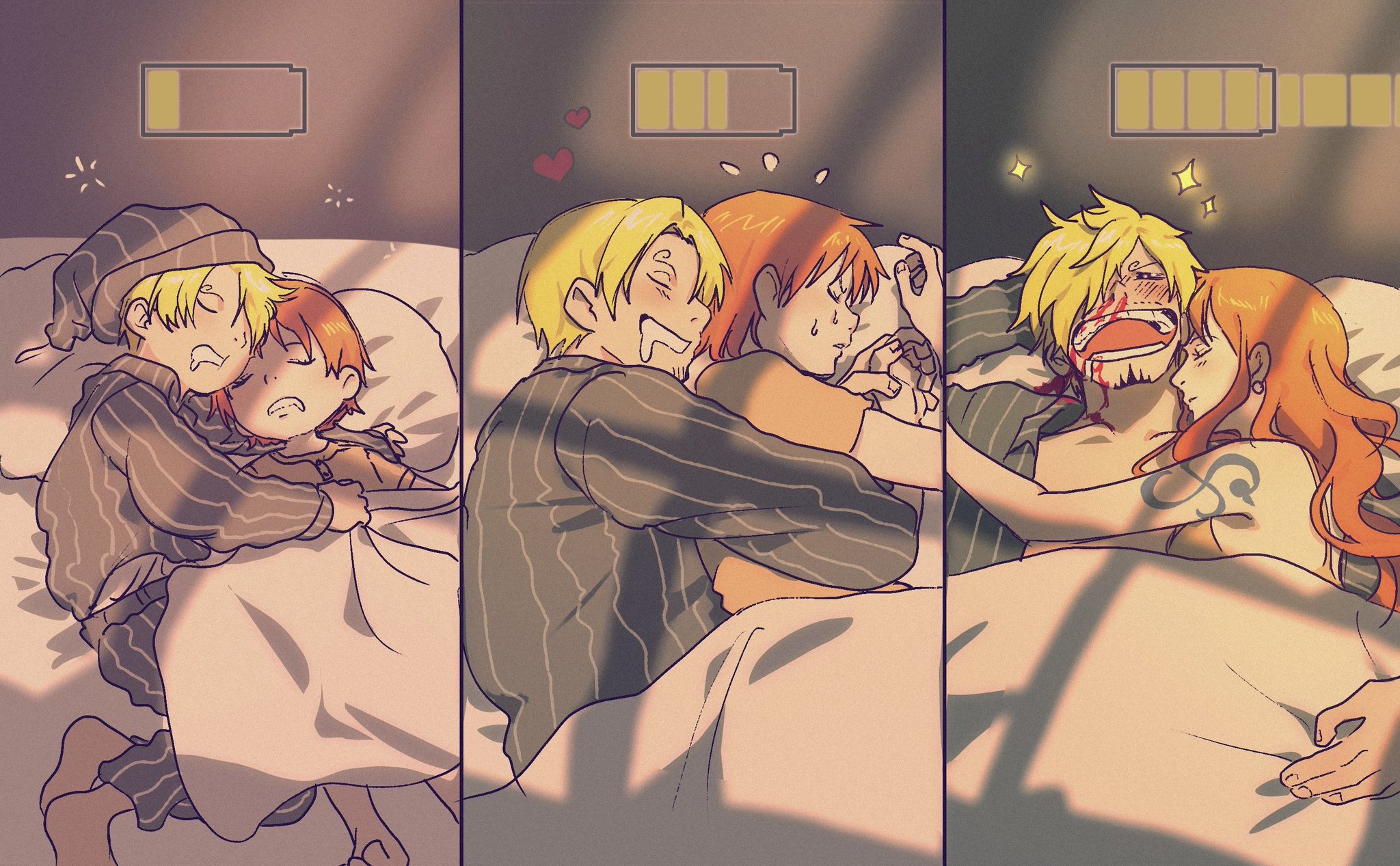 1boy, 1girls, age progression, aged up, arm tattoo, blonde hair, blonde-haired male, blood, blood on face, blue tattoo, clothing, cuddling, female, male, nami (one piece), nosebleed, one piece, orange hair, orange-haired female, pajamas, post-timeskip, pre-timeskip, sanam 1piece, sanji, sleeping, sleeping together, tattoo, vinsmoke sanji, wholesome