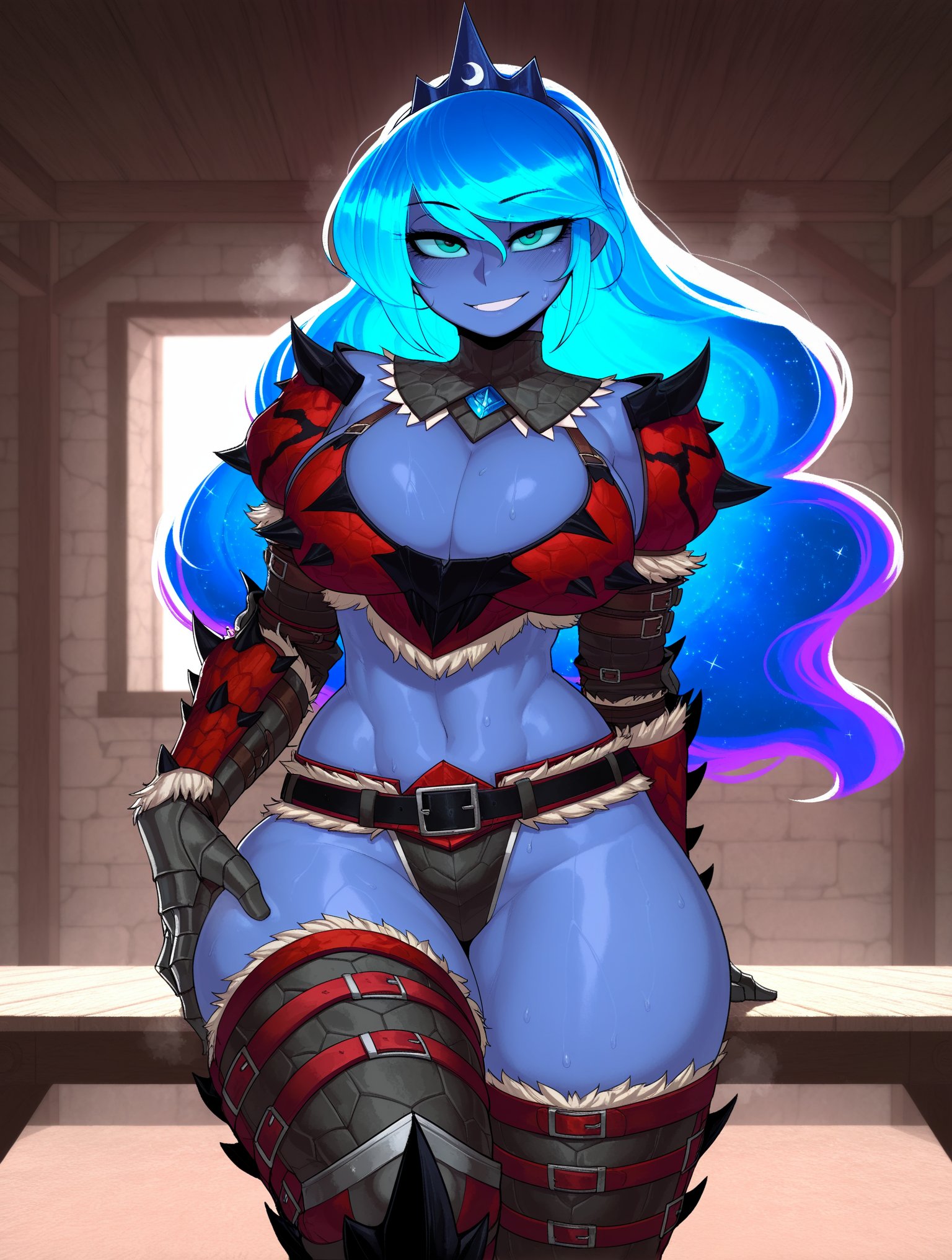 ai generated, armor, ass, bottomless, breasts, equestria girls, female, friendship is magic, hasbro, hi res, my little pony, office, plump labia, princess luna (mlp), solo