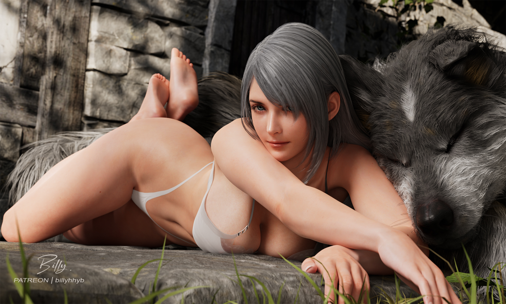 1girls, 3d, barefoot, belly, bikini, billyhhyb, canine, canine on human, cleavage, feet, feet up, female, female focus, female on feral, female only, feral, feral on female, feral on human, final fantasy, final fantasy xvi, full body, half naked, human female, human on feral, imminent bestiality, implied bestiality, jill warrick, legs, light-skinned female, looking at viewer, outdoors, relaxing, silver hair, soles, torgal (final fantasy xvi), wolf