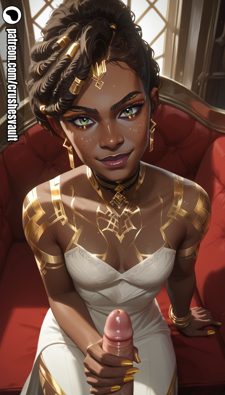 ai_generated arcane black_body crushesvault dark-skinned_female female gold_fingernails gold_nail_polish handjob imminent_fellatio league_of_legends mel_medarda penis_in_hand white_dress