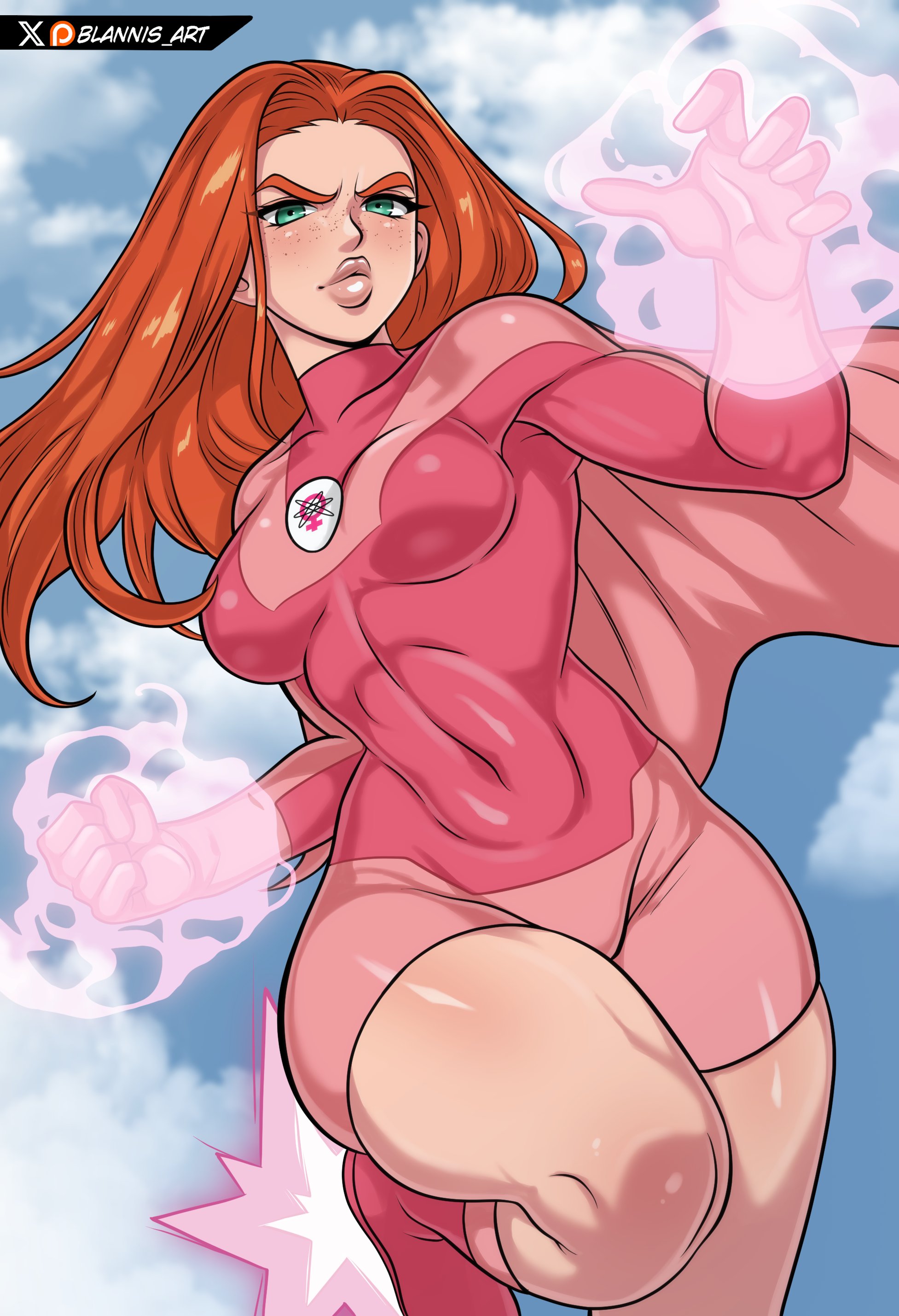 1girls, atom eve, blannis art, female, female only, fully clothed, ginger, invincible, shorts, thick thighs, tight clothing