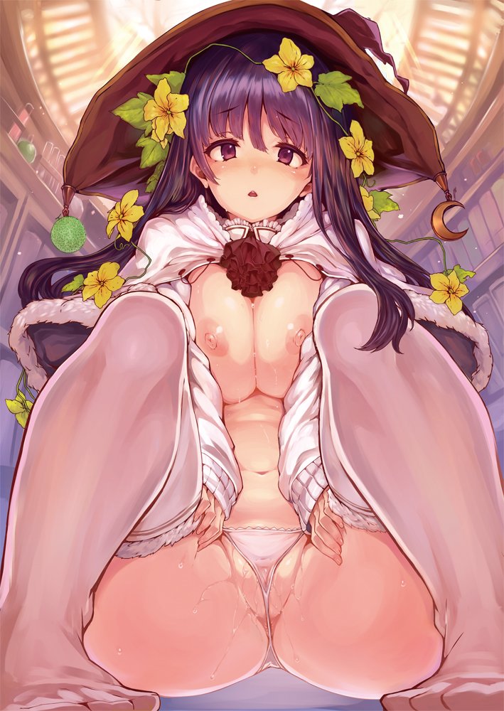 :o, bangs, blush, breasts, capelet, crescent, female, flower, hair between eyes, hair flower, hair ornament, hat, large breasts, long sleeves, looking at viewer, navel, nipples, original, panties, partially visible vulva, purple eyes, purple hair, pussy, pussy juice, shiokonbu, sitting, solo, underwear, white legwear, white panties, witch hat