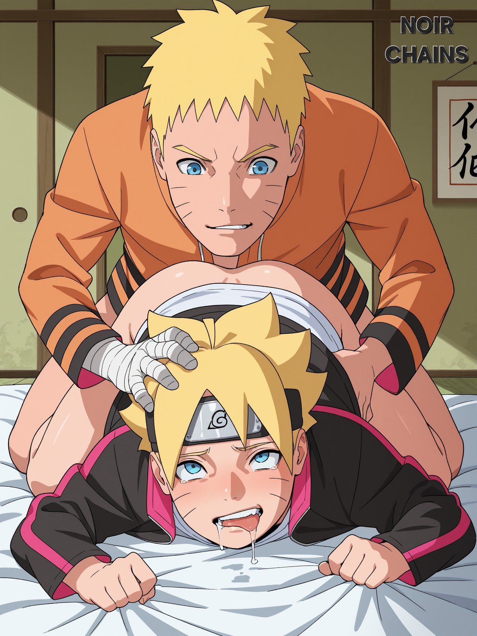 ai generated, anal, anal sex, asian male, ass, bandaged arm, bent over, blue eyes, blush, boruto: naruto next generations, crying, drooling, eyes rolling back, father and son, gay, gay sex, hand on head, hand on hip, headband, human, human male, implied sex, indoors, jacket, male, male/male, naruto, naruto (series), penile penetration, penis, penis in ass, rape, smile, tan skin, tan-skinned male, tight anus, uzumaki boruto, uzumaki naruto, yellow hair