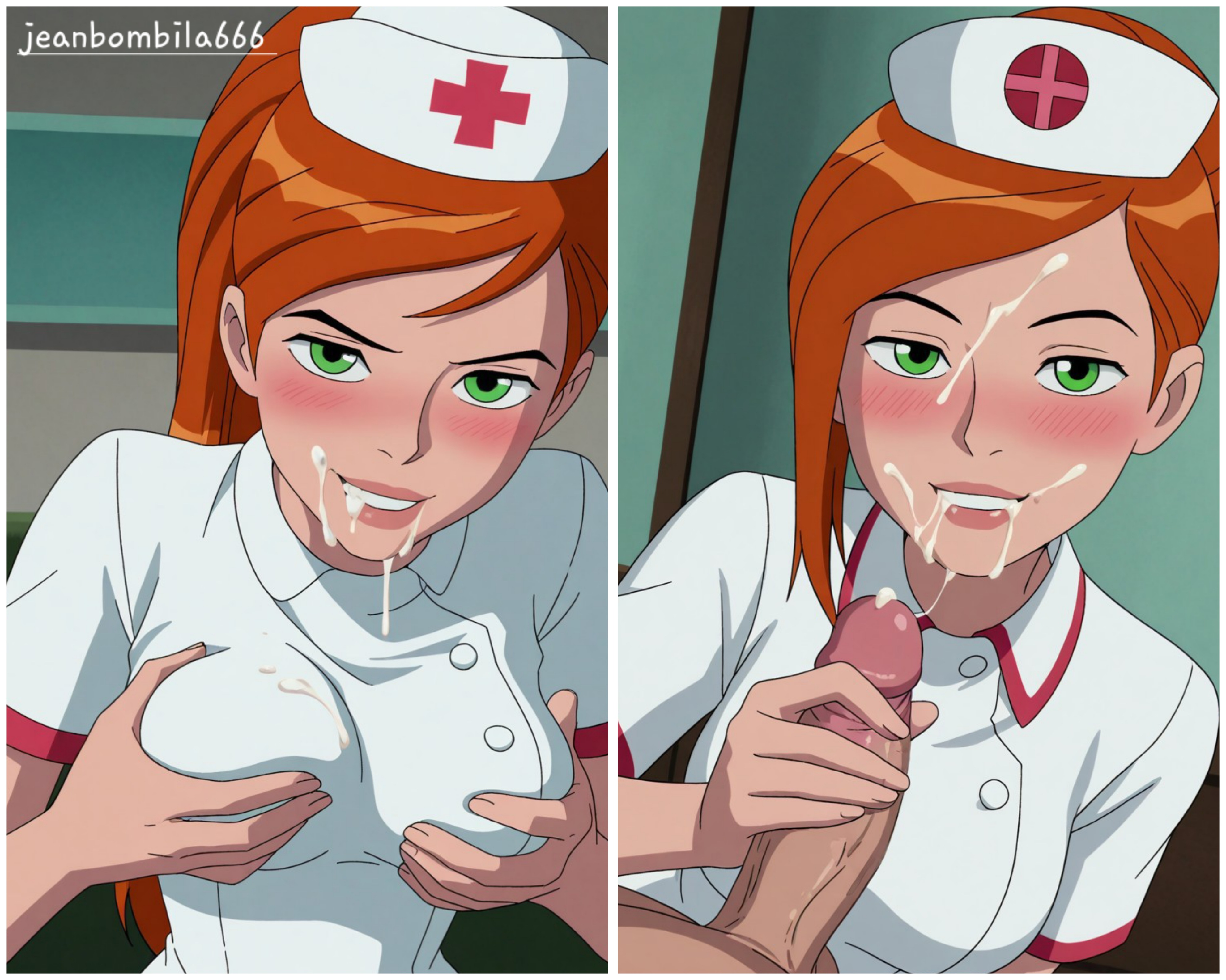 ai generated, ben 10, ben 10 alien force, ben 10 ultimate alien, blowjob, cartoon network, cum in mouth, facial, female, gwen tennyson, gwen tennyson (alien force), gwen tennyson (ultimate alien), jeanbombila666